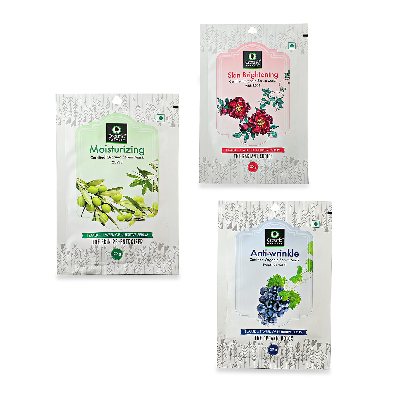Set of 3 - Biodegradable Organic Sheet Masks - Anti-Wrinkle, Moisturizing and Skin Brightening