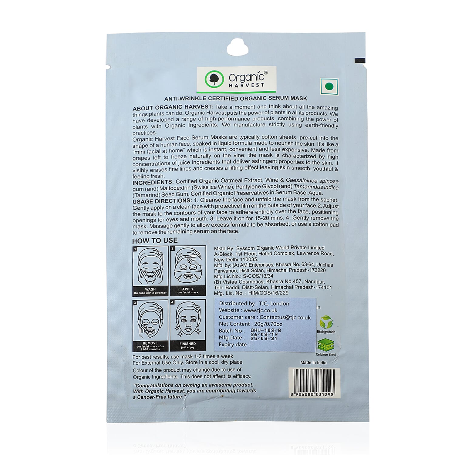 Set of 3 - Biodegradable Organic Sheet Masks - Anti-Wrinkle, Moisturizing and Skin Brightening
