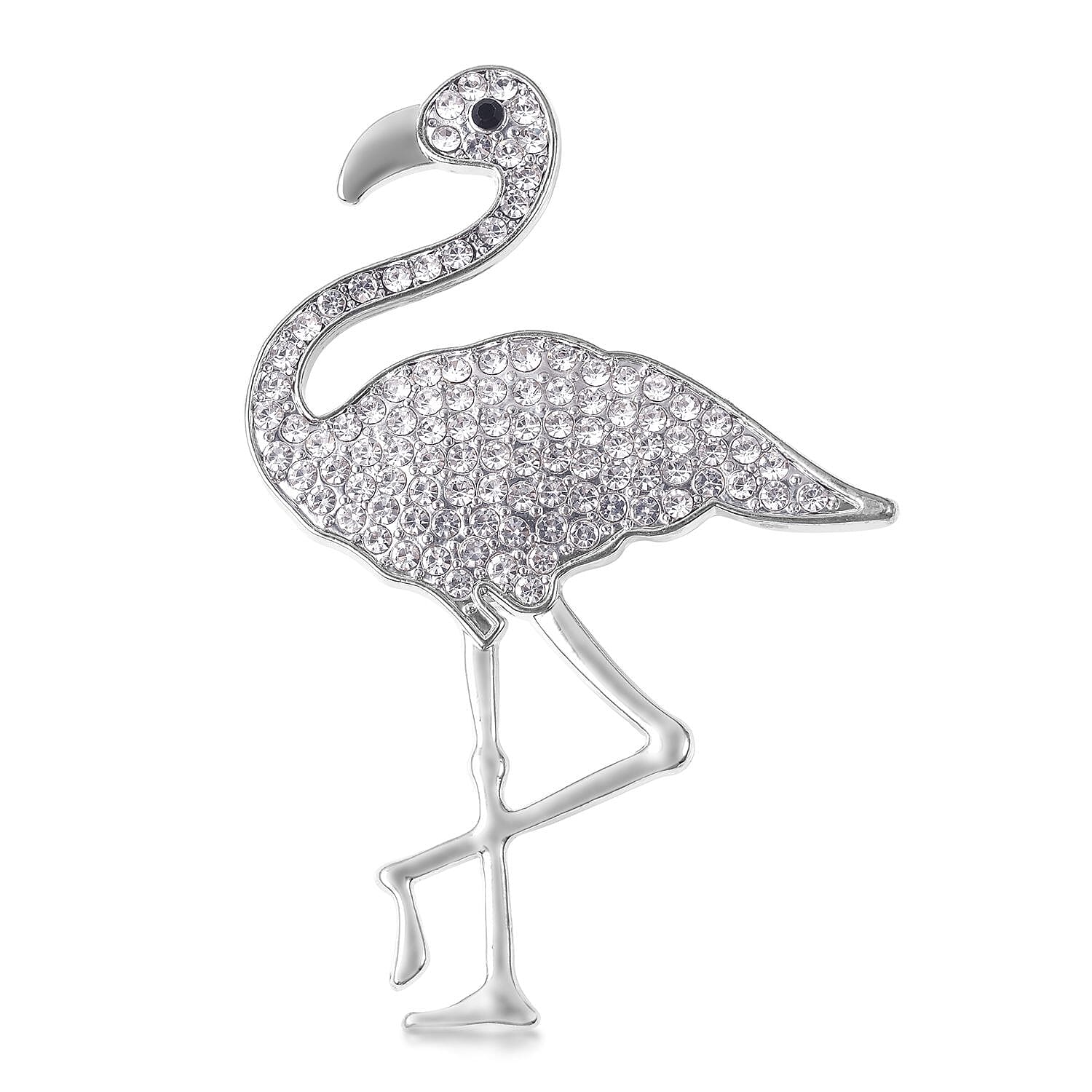 White and Black Austrian Crystal (Rnd) Crane Magnetic Brooch in Silver Tone