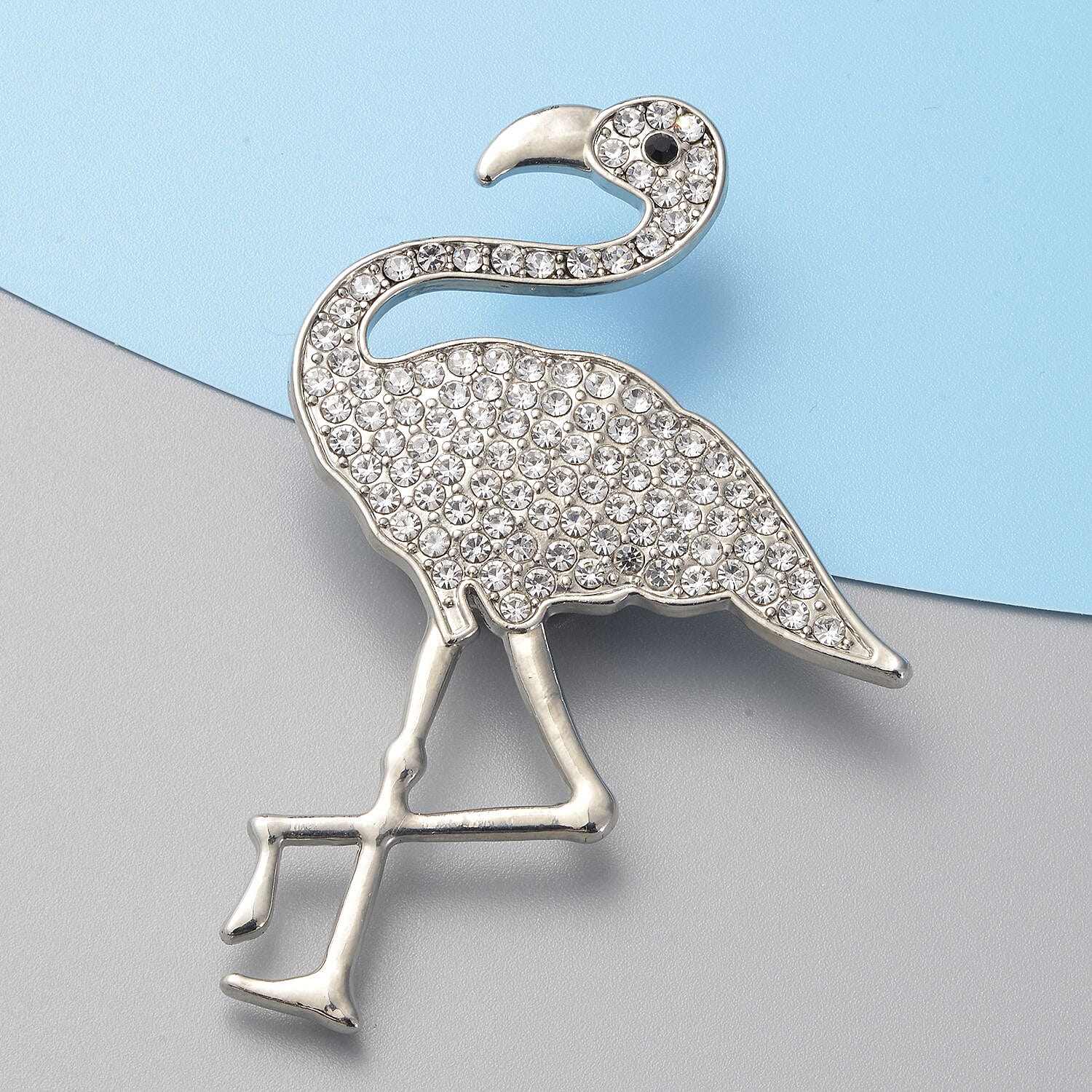 White and Black Austrian Crystal (Rnd) Crane Magnetic Brooch in Silver Tone