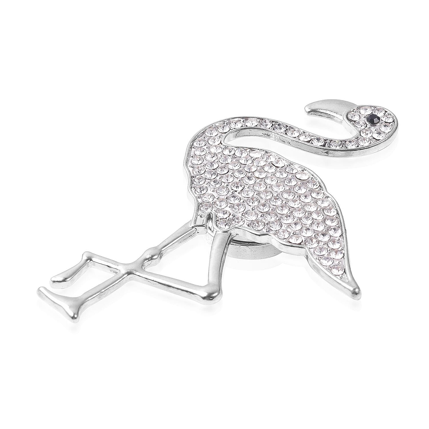 White and Black Austrian Crystal (Rnd) Crane Magnetic Brooch in Silver Tone