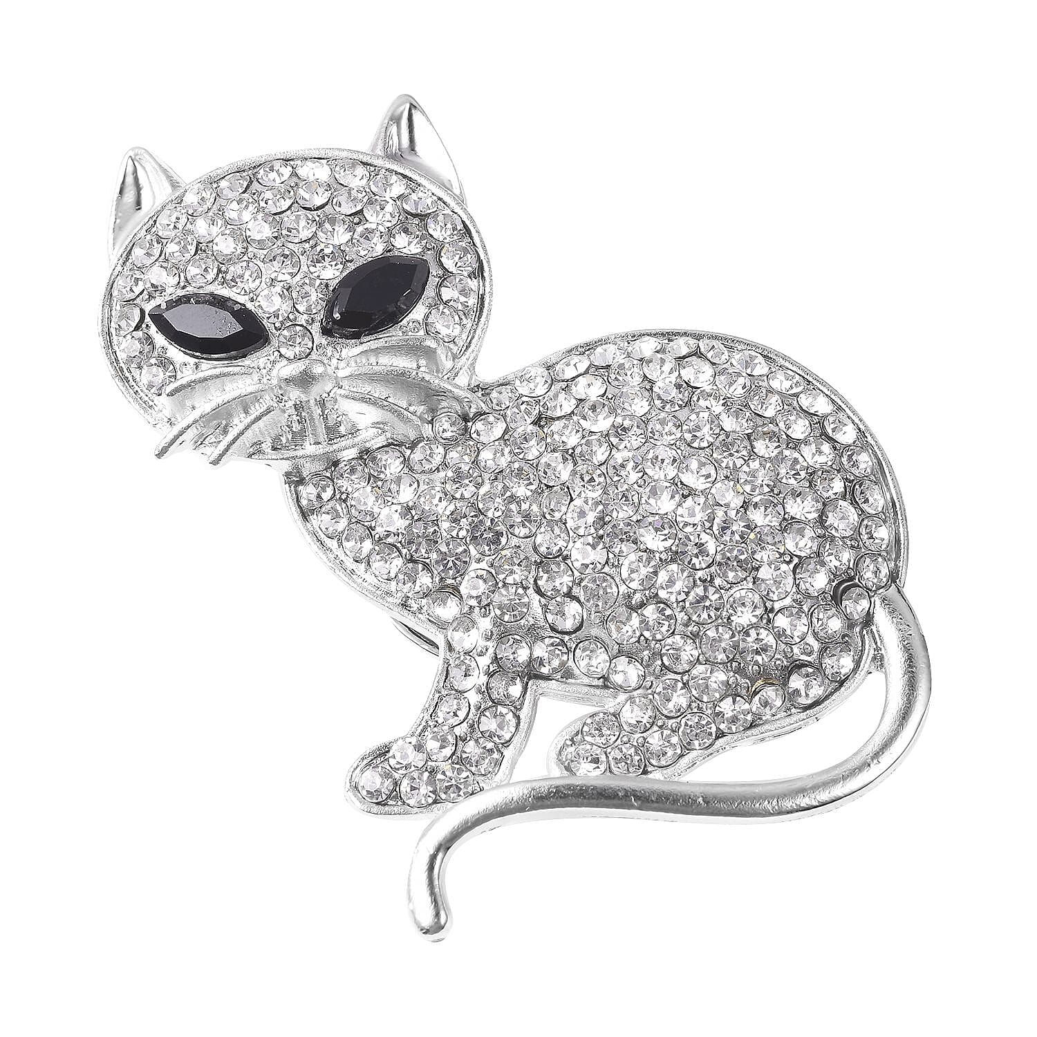 White Austrian Crystal (Rnd) and Simulated Spinel Cat Magnetic  Brooch in Silver Tone