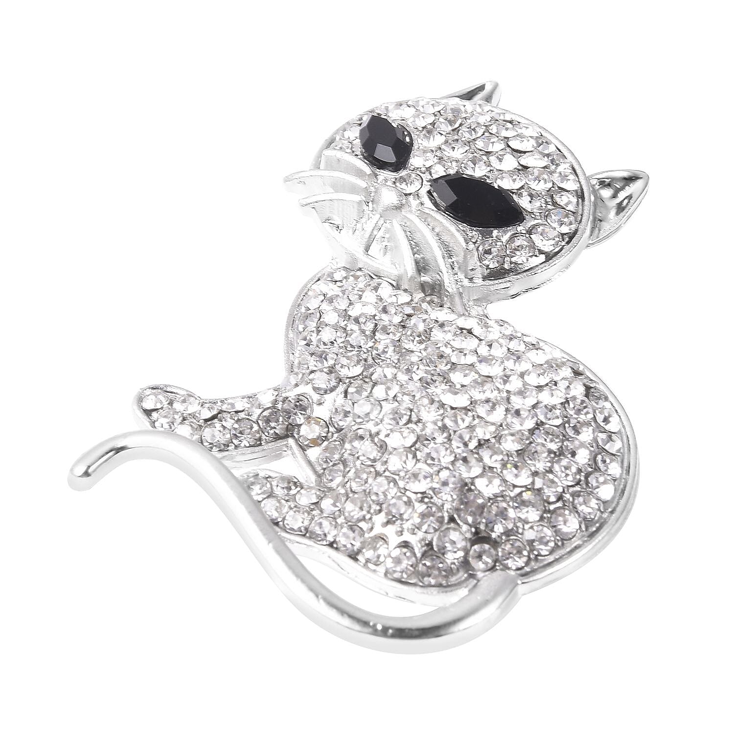 White Austrian Crystal (Rnd) and Simulated Spinel Cat Magnetic  Brooch in Silver Tone