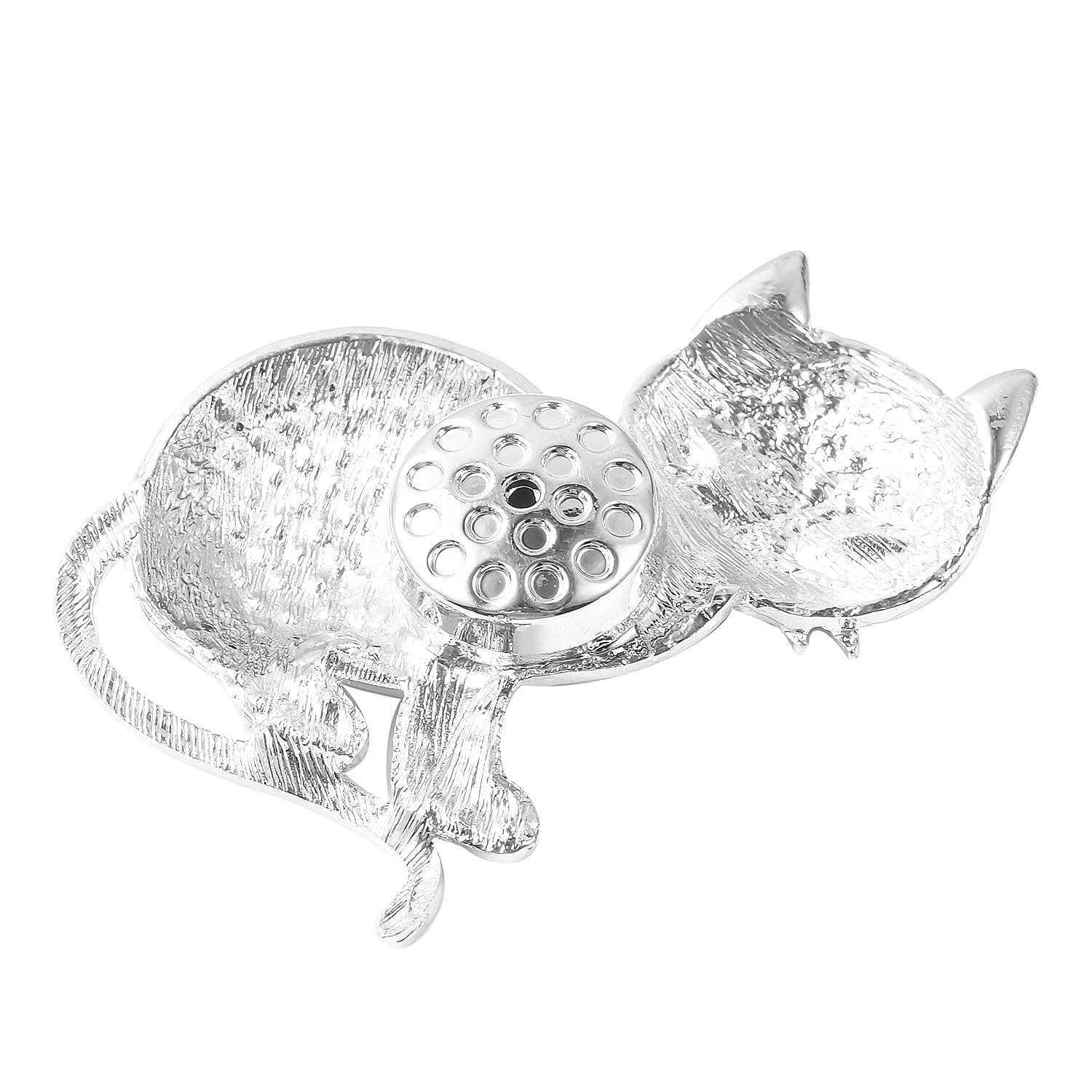 White Austrian Crystal (Rnd) and Simulated Spinel Cat Magnetic  Brooch in Silver Tone