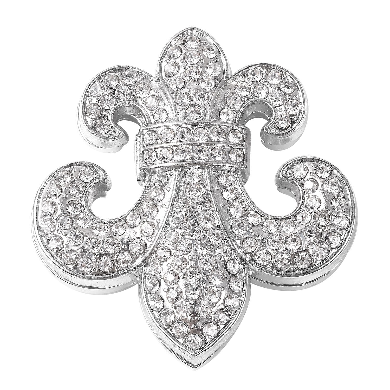 White Austrian Crystal (Rnd) Fleur De Lis Magnetic Brooch in Silver Tone