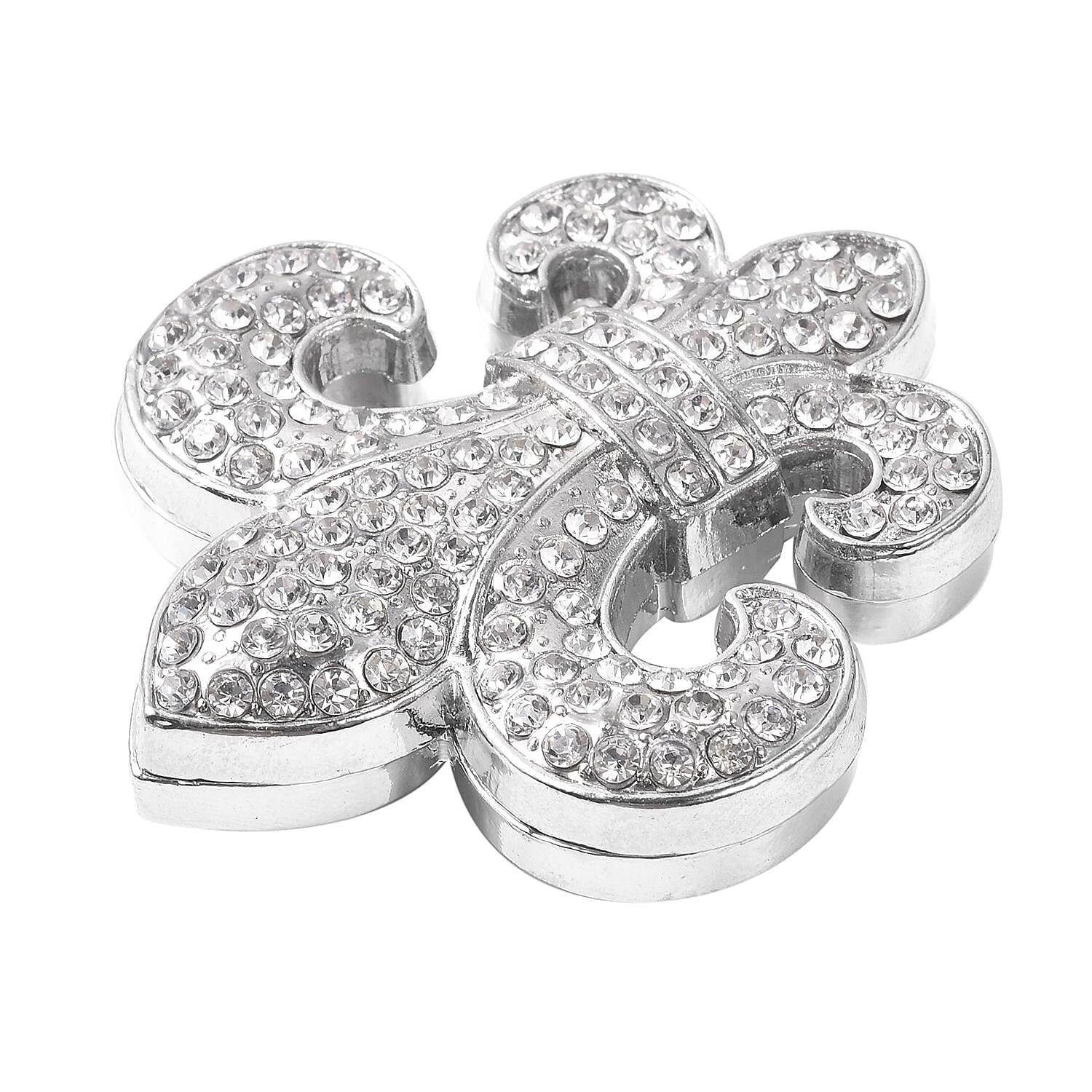 White Austrian Crystal (Rnd) Fleur De Lis Magnetic Brooch in Silver Tone