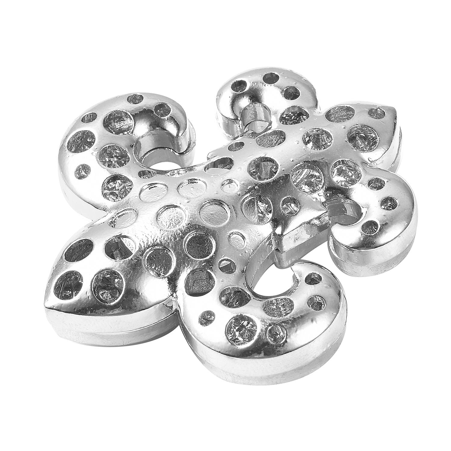 White Austrian Crystal (Rnd) Fleur De Lis Magnetic Brooch in Silver Tone