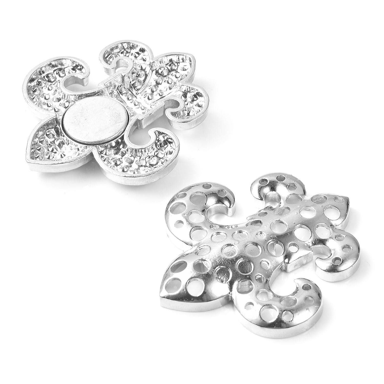 White Austrian Crystal (Rnd) Fleur De Lis Magnetic Brooch in Silver Tone