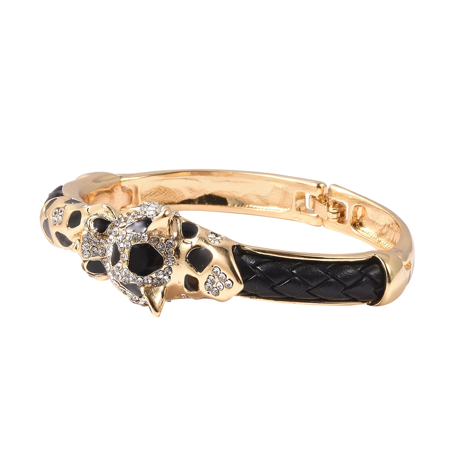 Black and White Austrian Crystal (Rnd) Enamelled Panther Bangle (Size 6.5) in Gold Tone