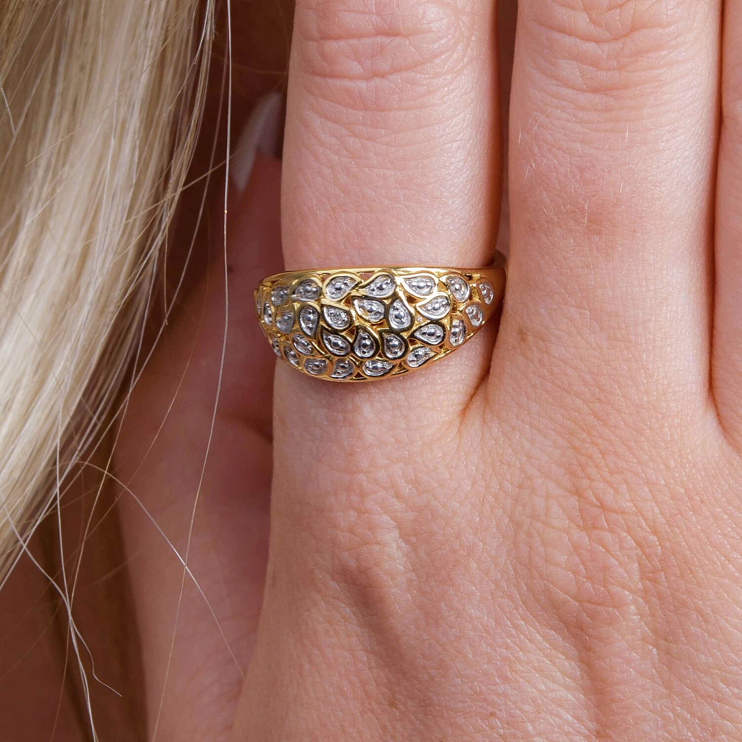 Diamond Dome Ring in 18K Vermeil Yellow Gold Plated and Plating Overlay.