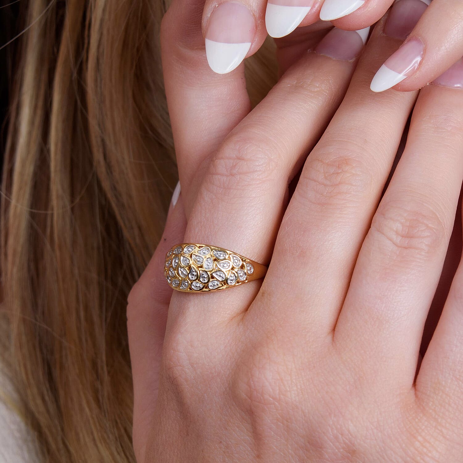 Diamond Dome Ring in 18K Vermeil Yellow Gold Plated and Plating Overlay.