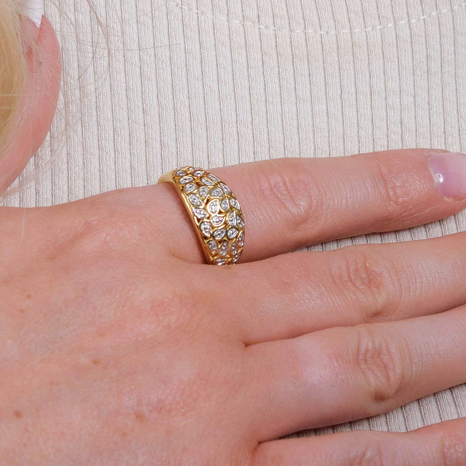 Diamond Dome Ring in 18K Vermeil Yellow Gold Plated and Plating Overlay.