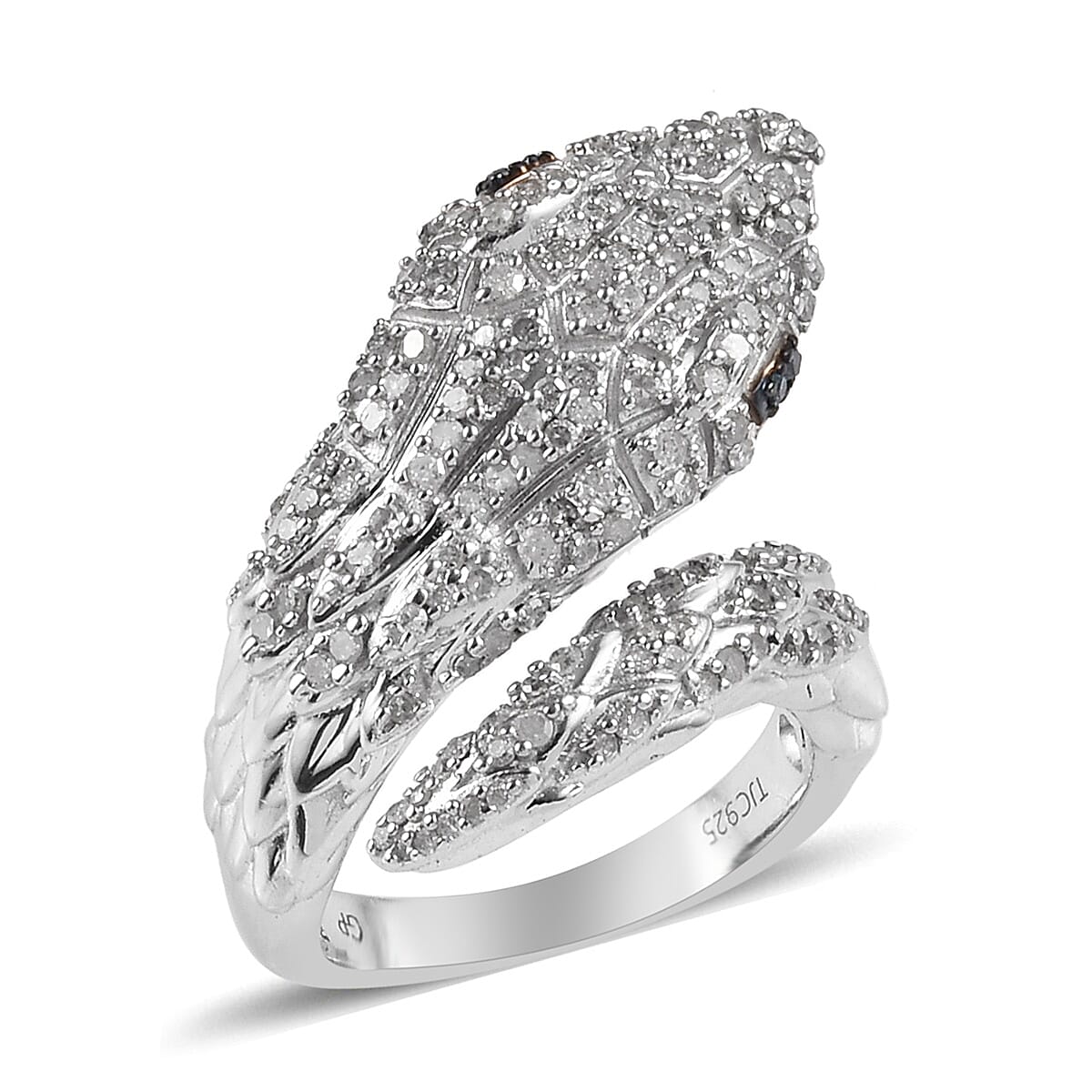 GP White and Blue Diamond (Rnd), Blue Sapphire Snake Ring in Platinum Overlay Sterling Silver 0.77 Ct, Silver wt 8.20 Gms, Number of Diamond 147