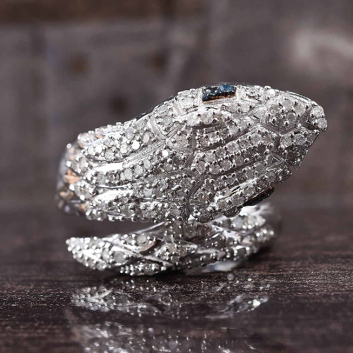 GP White and Blue Diamond (Rnd), Blue Sapphire Snake Ring in Platinum Overlay Sterling Silver 0.77 Ct, Silver wt 8.20 Gms, Number of Diamond 147