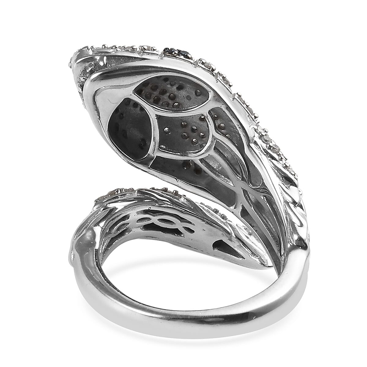 GP White and Blue Diamond (Rnd), Blue Sapphire Snake Ring in Platinum Overlay Sterling Silver 0.77 Ct, Silver wt 8.20 Gms, Number of Diamond 147