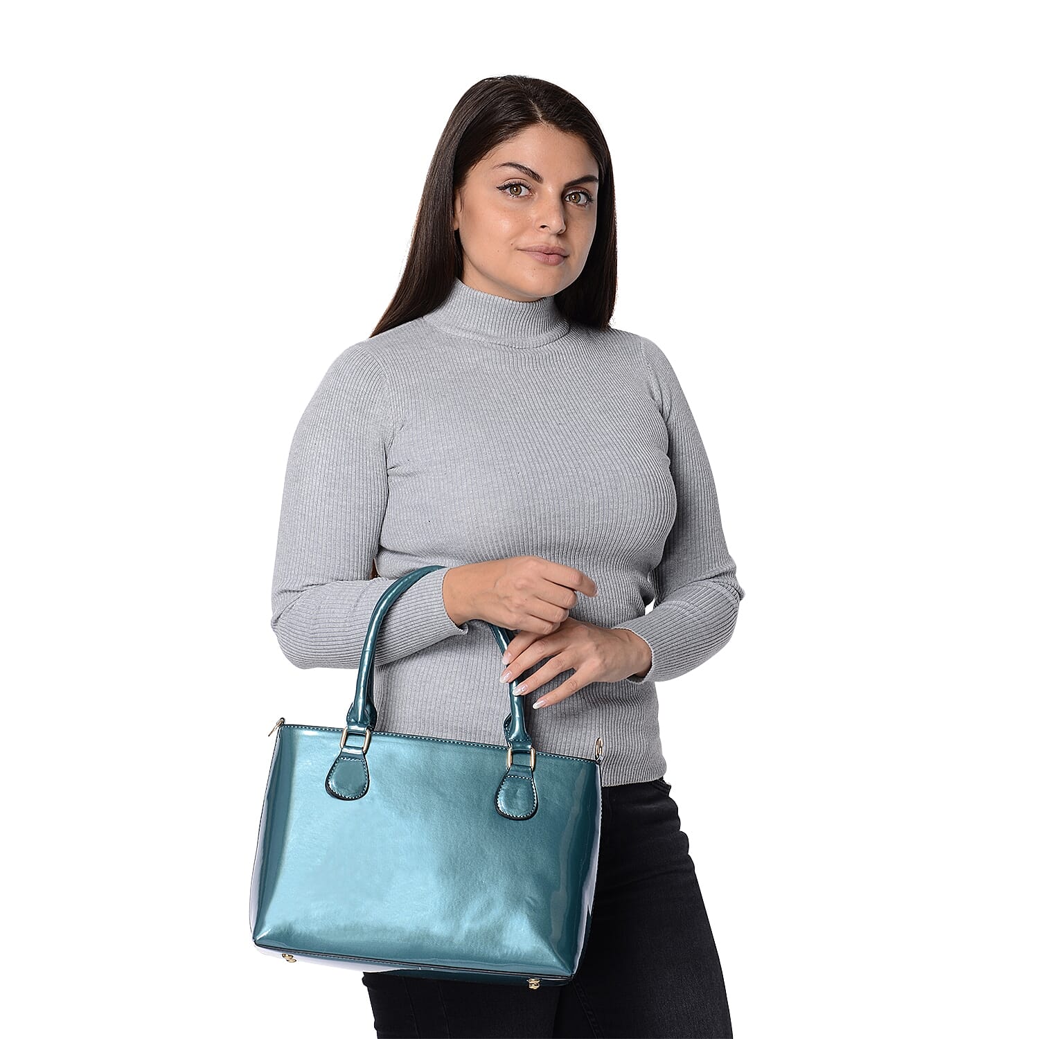 Metallic Teal Green Colour Tote Bag with Detachable Shoulder Strap and Zipper Closure (Size 48x24x11.5 Cm)