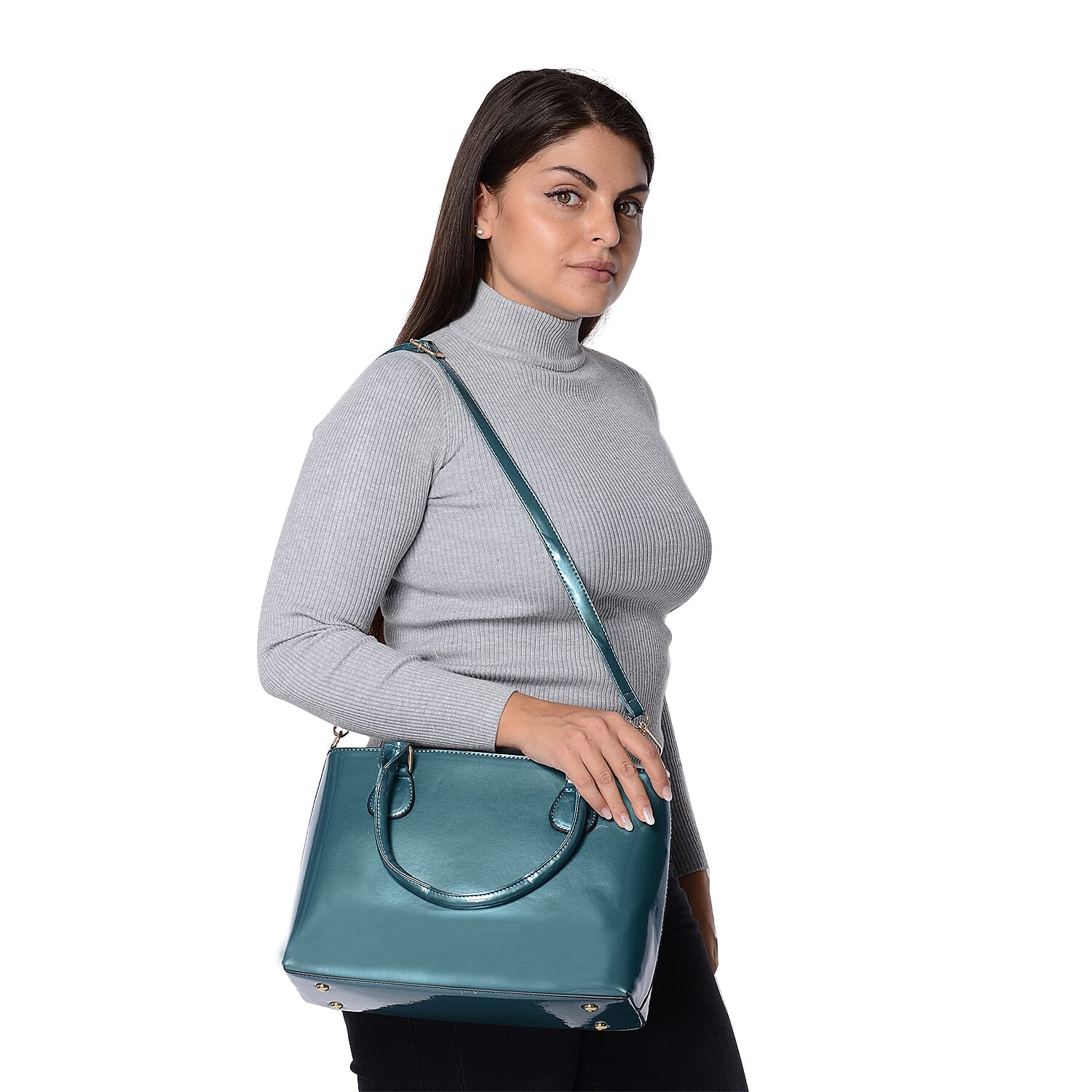 Metallic Teal Green Colour Tote Bag with Detachable Shoulder Strap and Zipper Closure (Size 48x24x11.5 Cm)