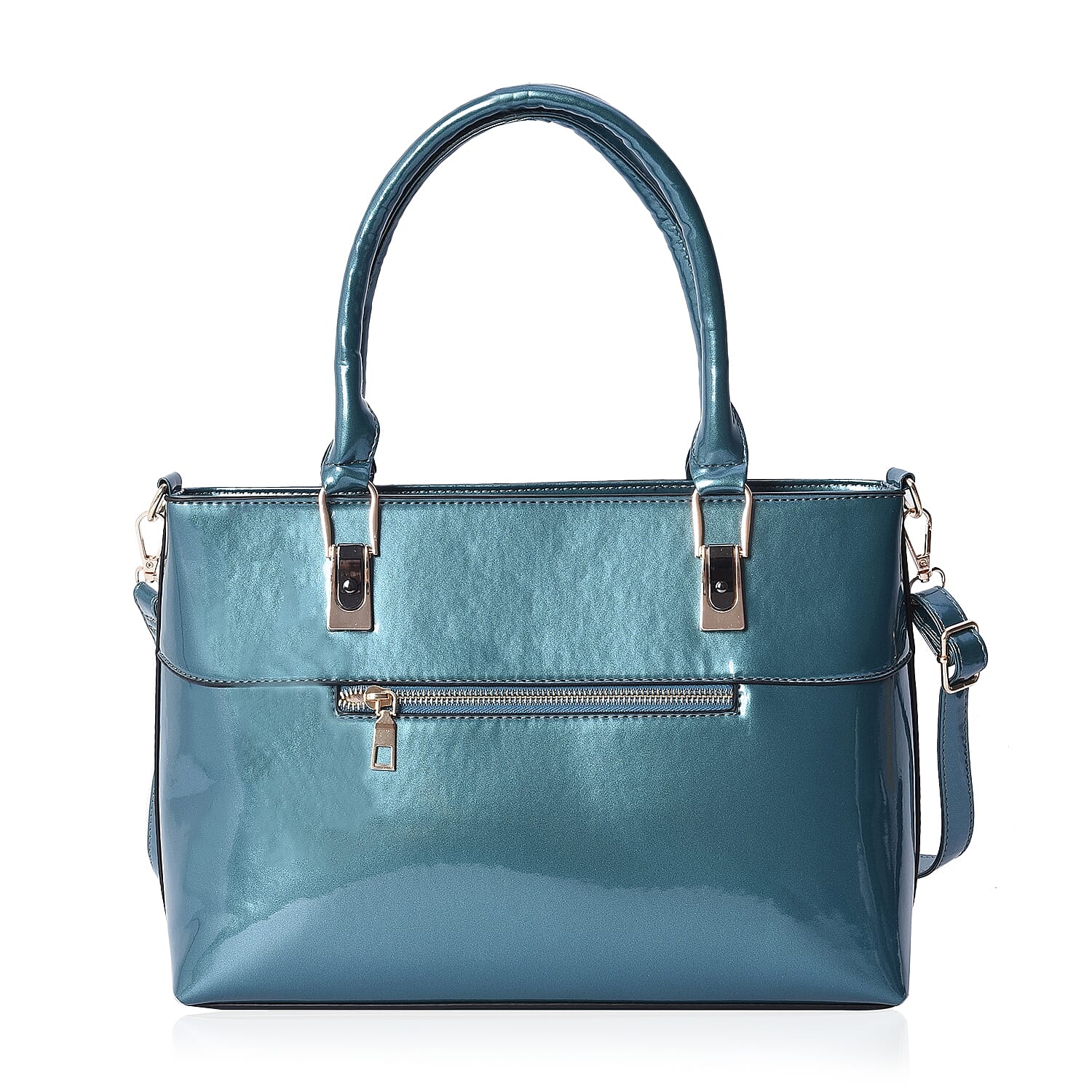 Metallic Teal Green Colour Tote Bag with Detachable Shoulder Strap and Zipper Closure (Size 48x24x11.5 Cm)