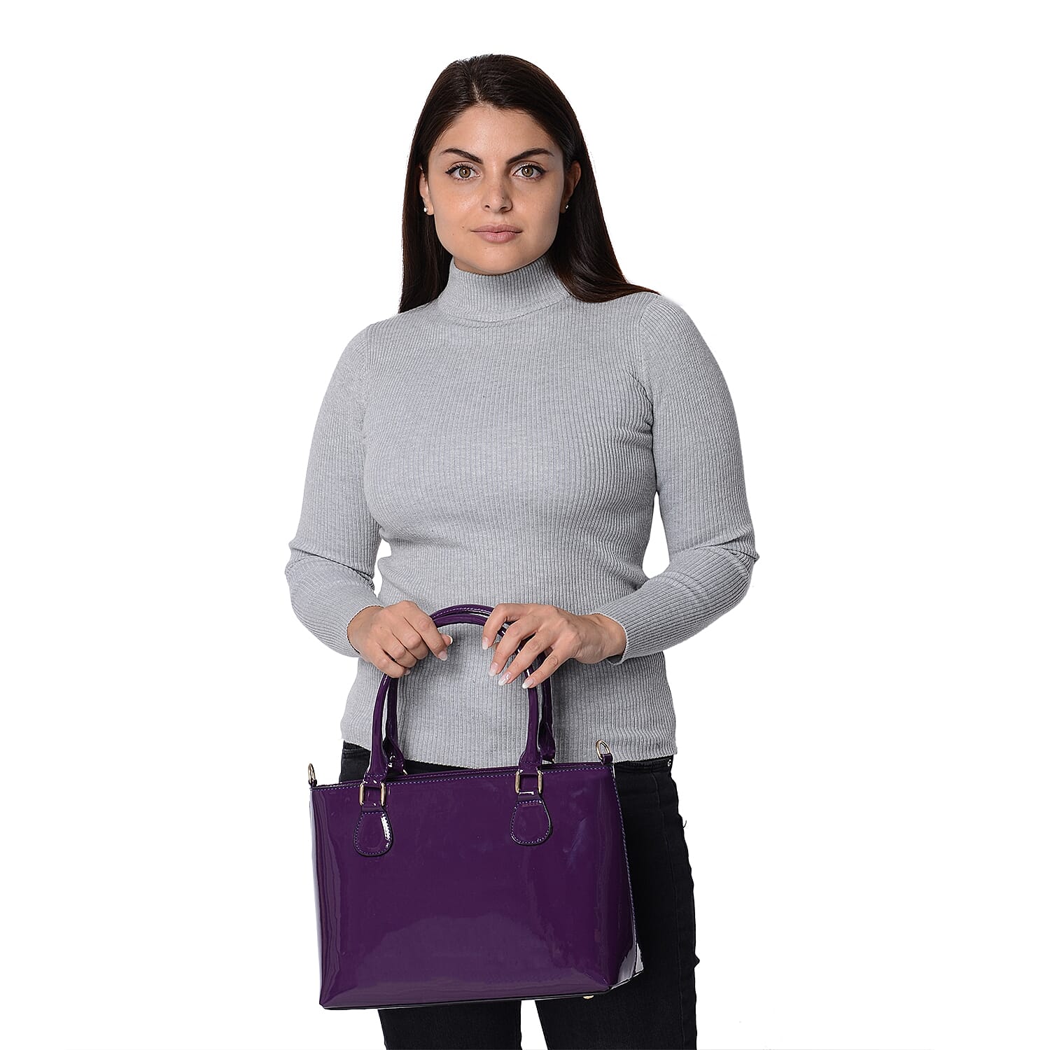 Metallic Cyber Grape Colour Tote Bag with Detachable Shoulder Strap and Zipper Closure (Size 48x24x11.5 Cm)