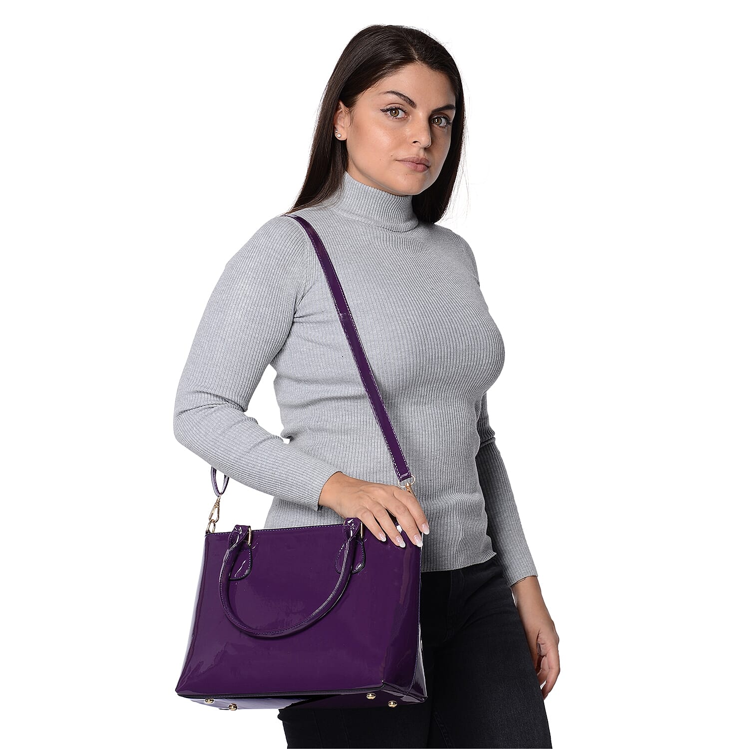 Metallic Cyber Grape Colour Tote Bag with Detachable Shoulder Strap and Zipper Closure (Size 48x24x11.5 Cm)