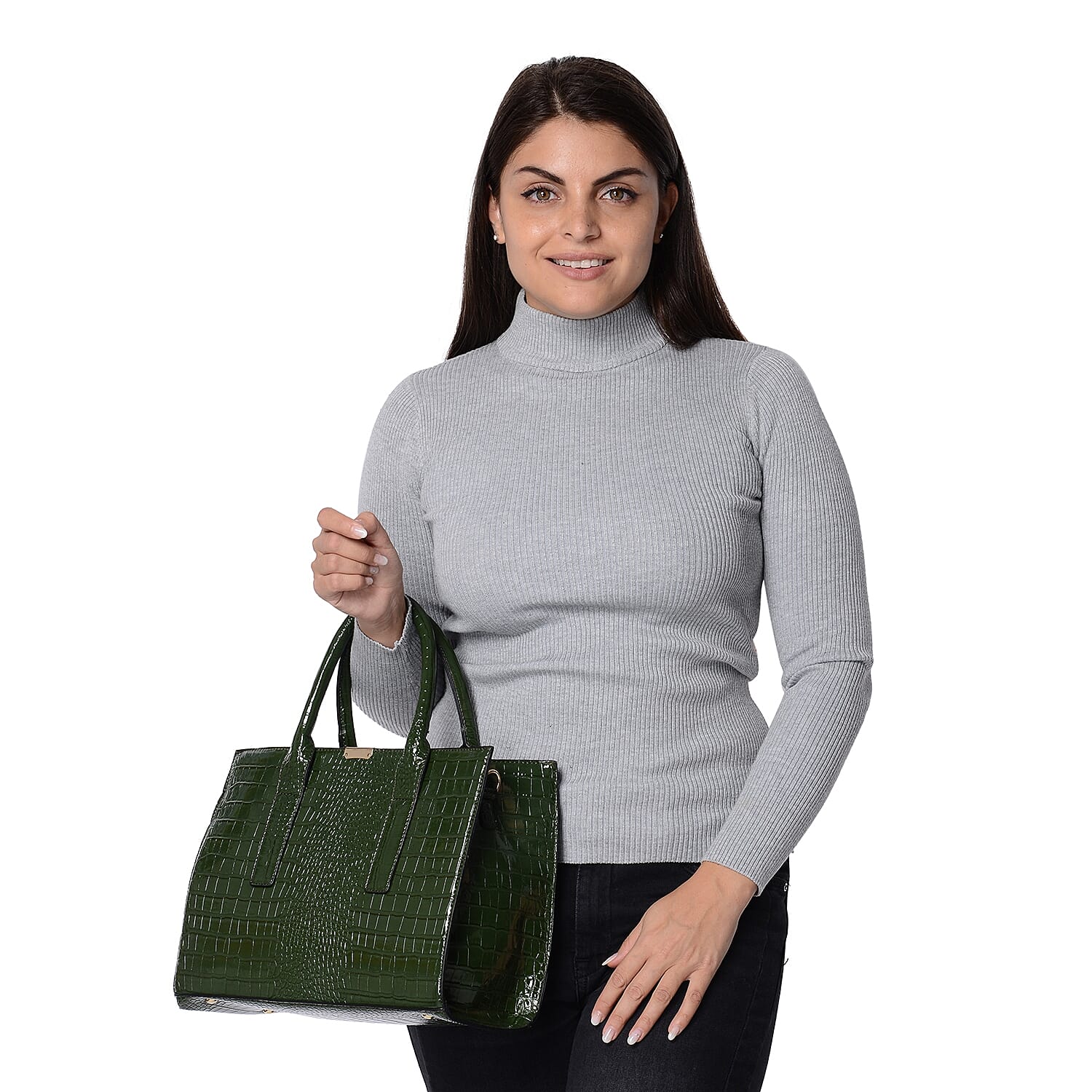 Croc Embossed Tote Bag with Detachable Shoulder Strap (Size 32x25x13 Cm) - Green
