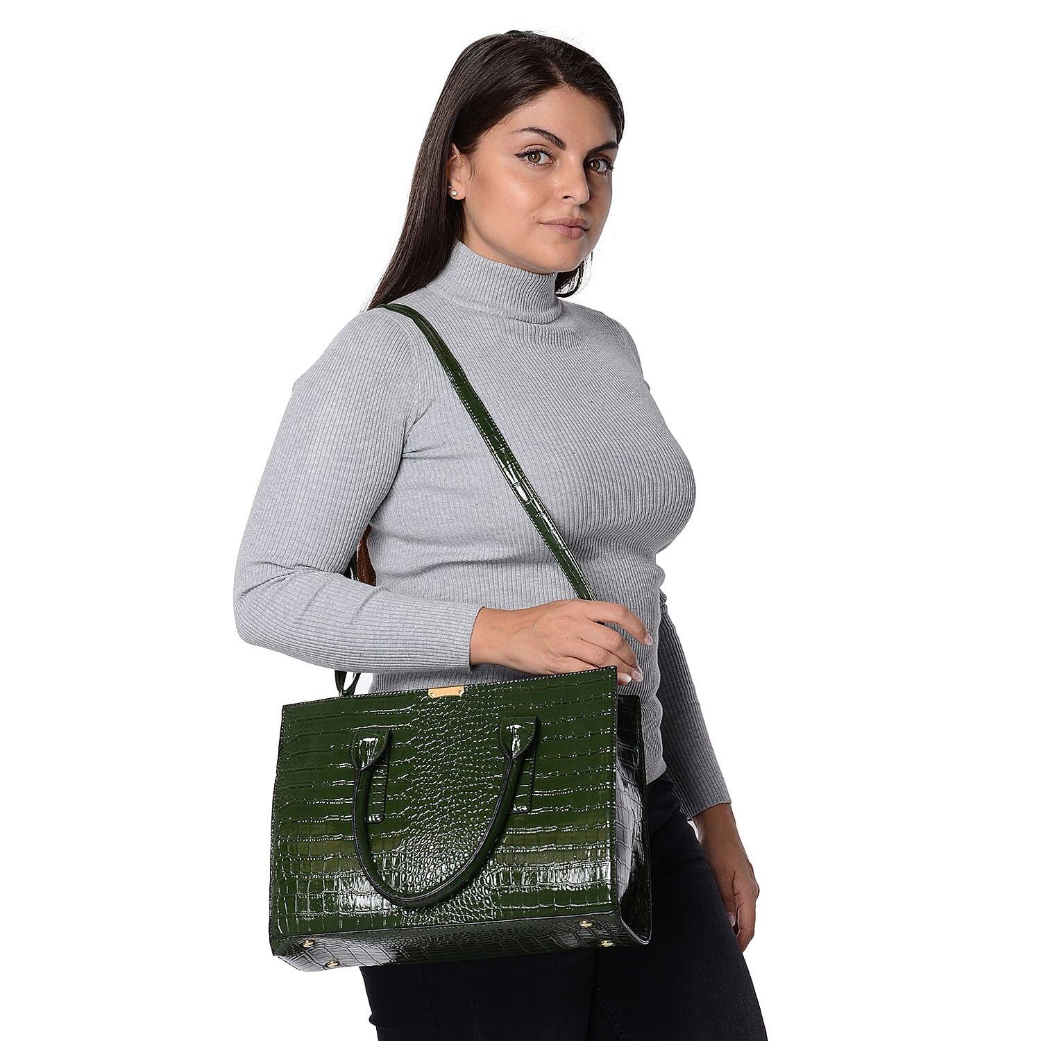 Croc Embossed Tote Bag with Detachable Shoulder Strap (Size 32x25x13 Cm) - Green