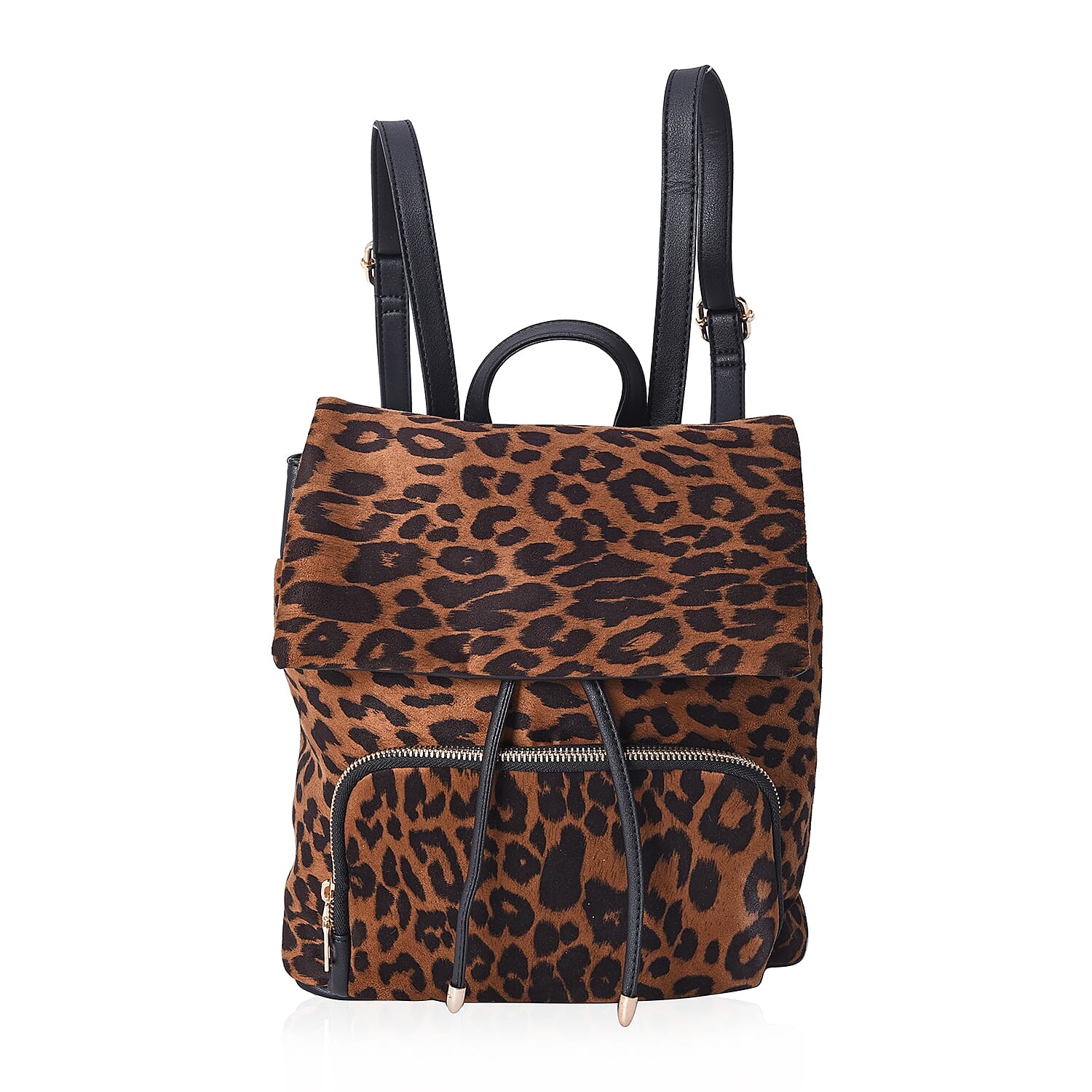 Leopard Pattern Velvet Backpack with Magnetic, Drawstrings and Flap Closure (Size 27x31x12 Cm) - Brown