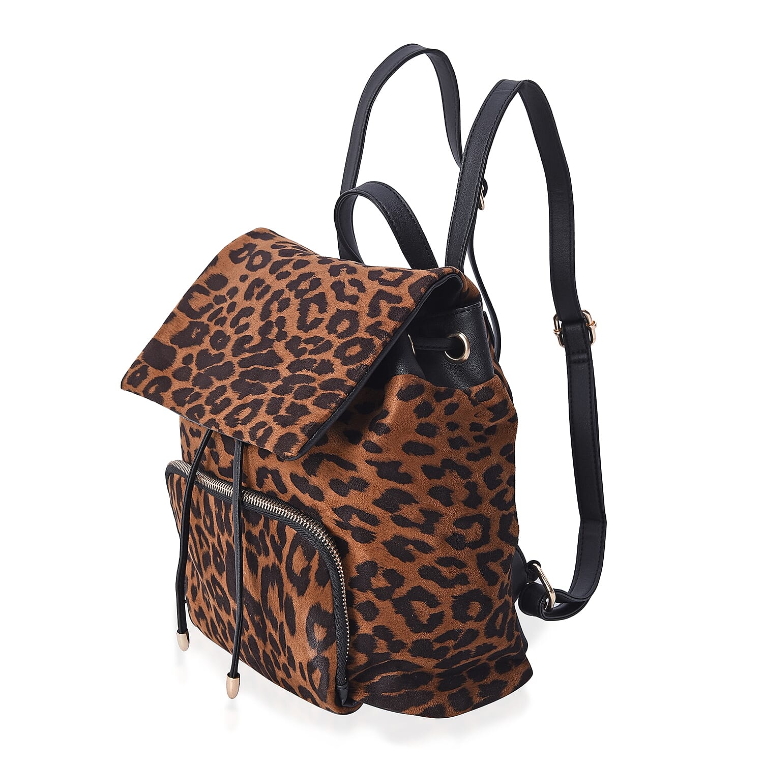 Leopard Pattern Velvet Backpack with Magnetic, Drawstrings and Flap Closure (Size 27x31x12 Cm) - Brown