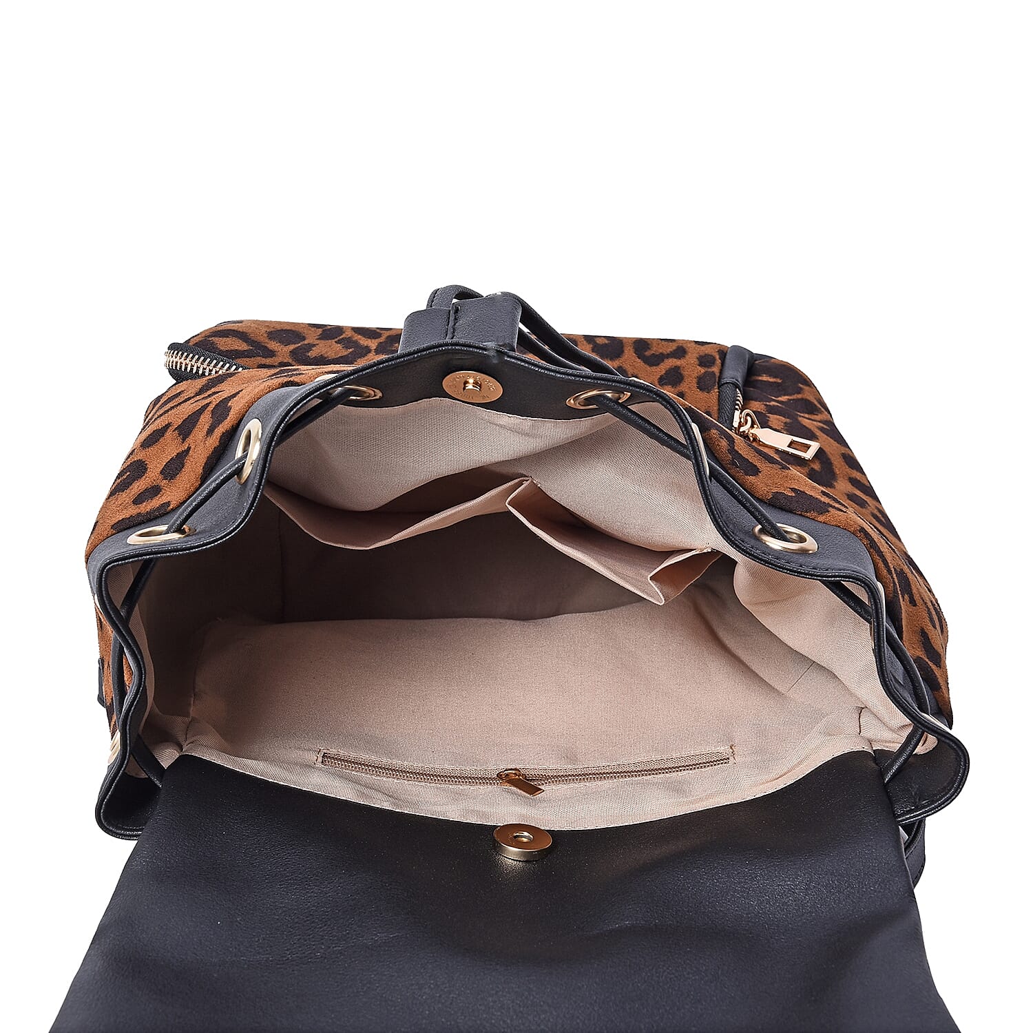 Leopard Pattern Velvet Backpack with Magnetic, Drawstrings and Flap Closure (Size 27x31x12 Cm) - Brown