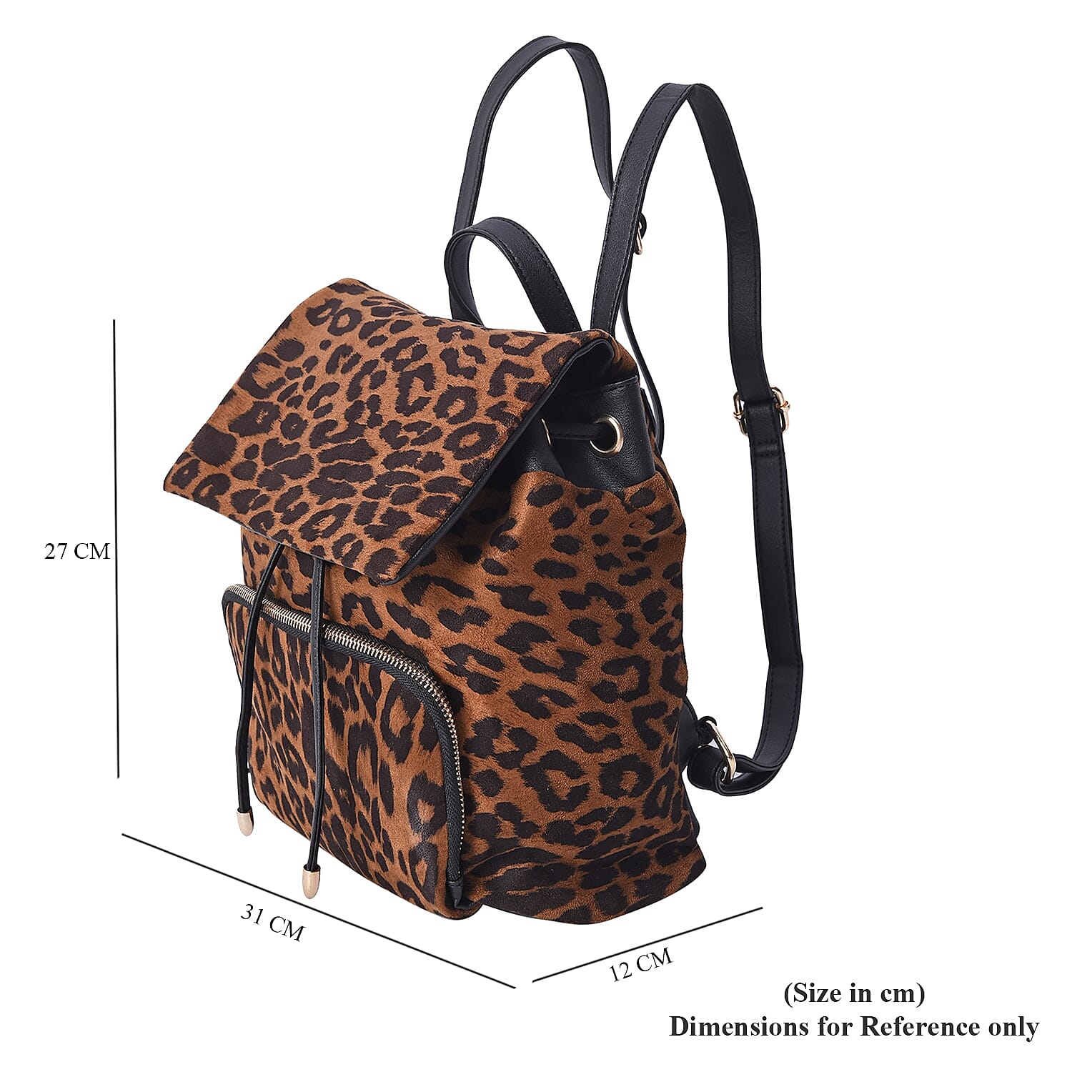 Leopard Pattern Velvet Backpack with Magnetic, Drawstrings and Flap Closure (Size 27x31x12 Cm) - Brown