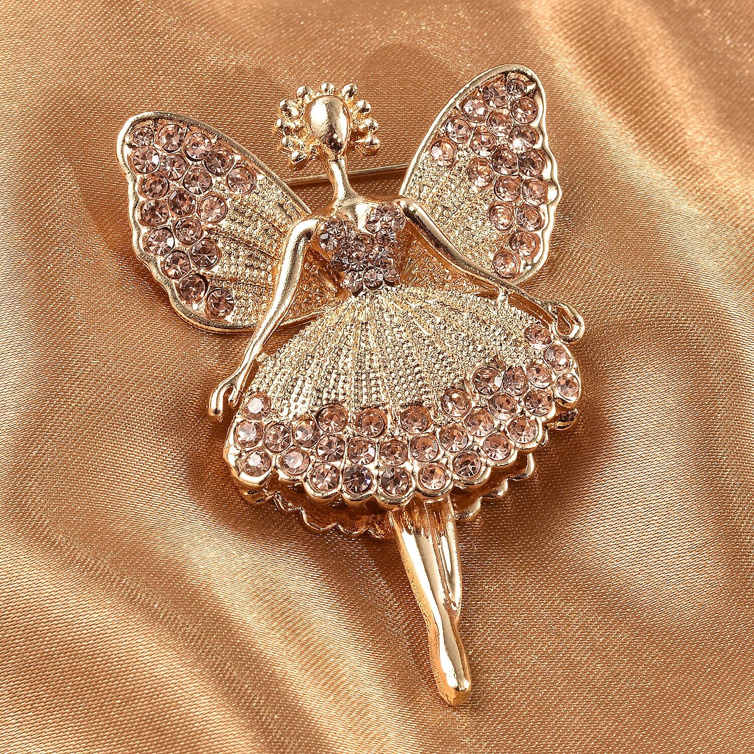 Champagne Colour Austrian Crystal (Rnd) Fairy Brooch in Yellow Gold Tone