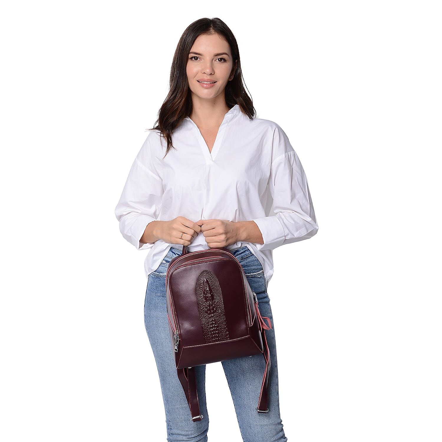 100% Genuine Leather Croc Embossed Backpack with Double Zip Closure and Adjustable Shoulder Strap (Size 26x10.5x32.5 Cm) - Burgundy