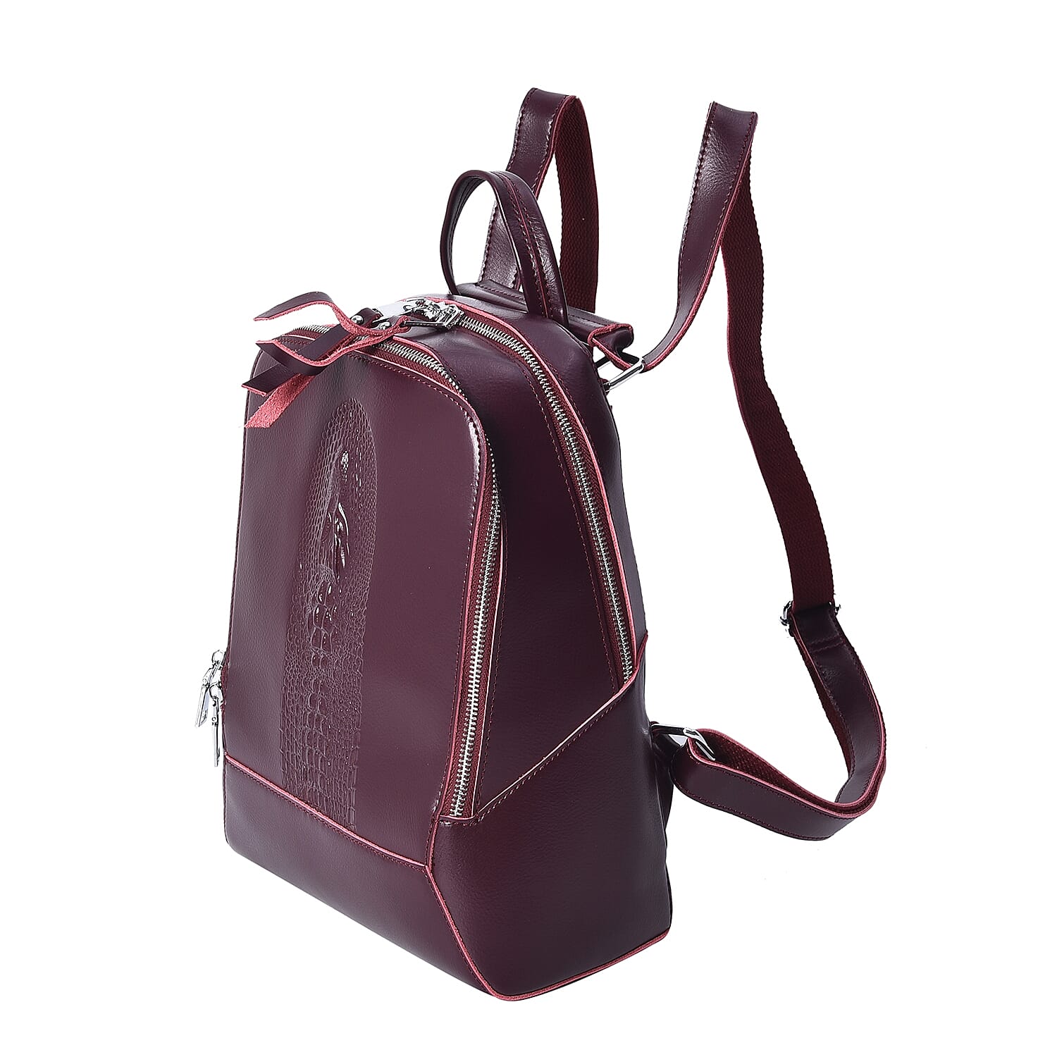 100% Genuine Leather Croc Embossed Backpack with Double Zip Closure and Adjustable Shoulder Strap (Size 26x10.5x32.5 Cm) - Burgundy