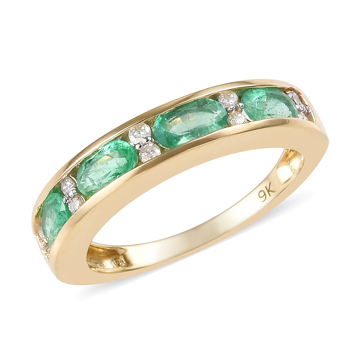 Limited Edition- 9K Yellow Gold Boyaca Colombian Emerald (Ovl), Diamond Band Ring 1.000 Ct.
