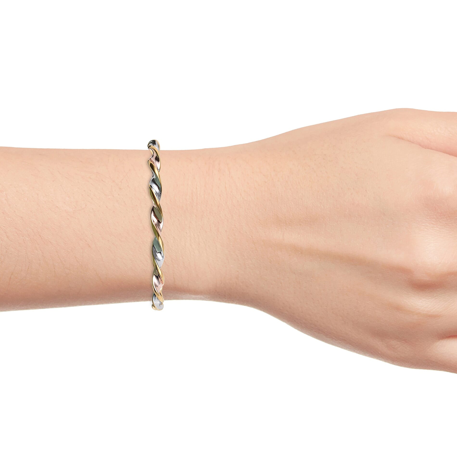 Platinum, Yellow and Rose Gold Overlay Sterling Silver Twisted Bangle (Size 7), Silver wt 9.00 Gms