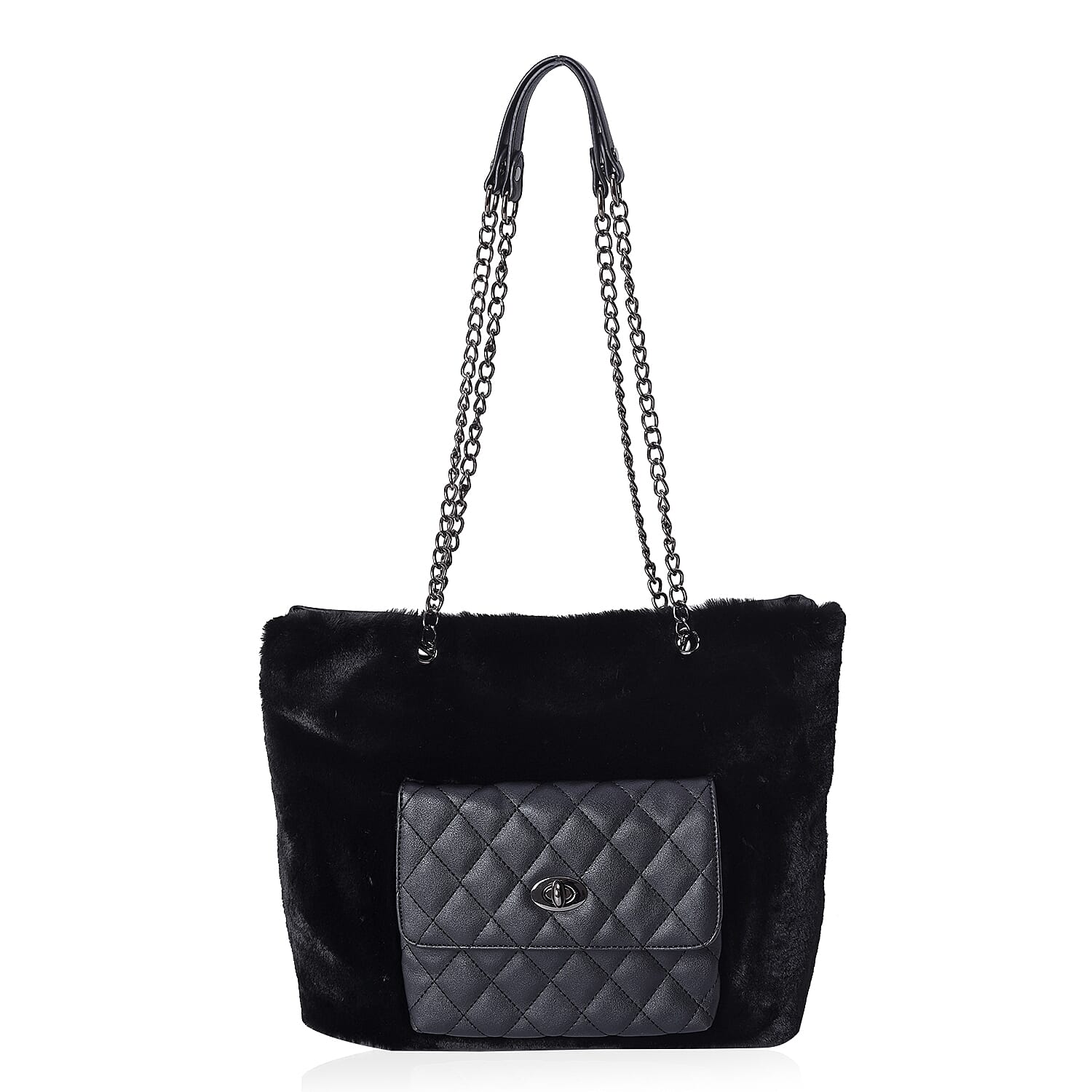 Faux Fur Tote Bag with Front Quilted Pattern Pocket and Zipper Closure (Size 33x27.5x12 Cm) - Black