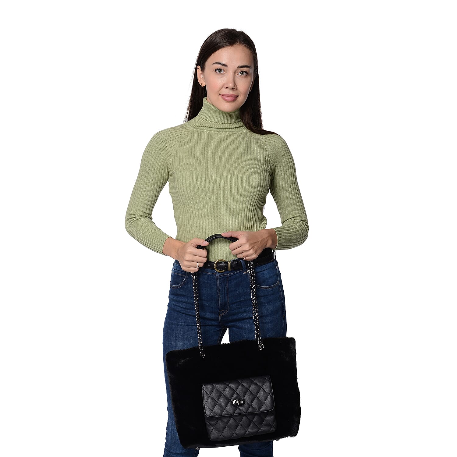 Faux Fur Tote Bag with Front Quilted Pattern Pocket and Zipper Closure (Size 33x27.5x12 Cm) - Black