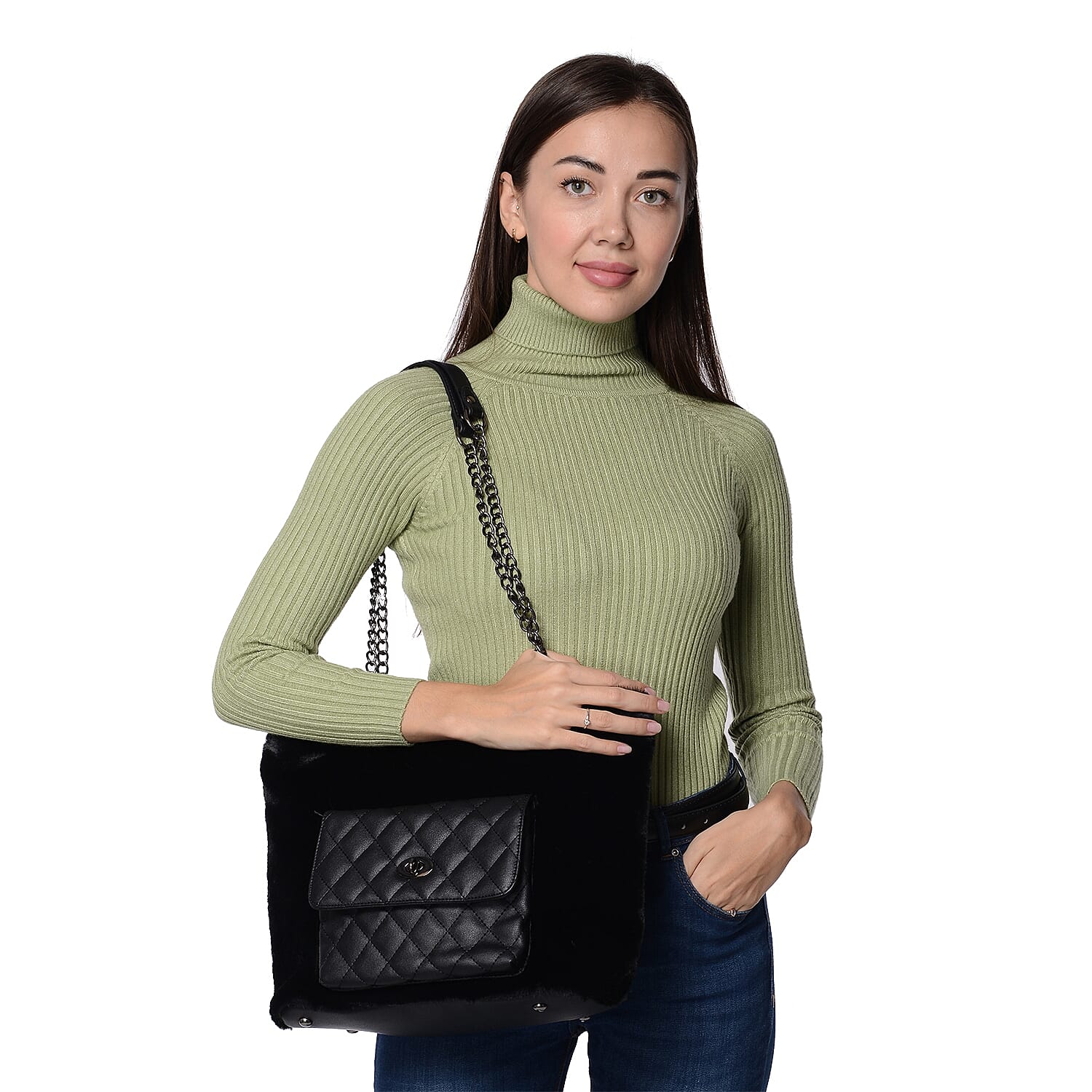 Faux Fur Tote Bag with Front Quilted Pattern Pocket and Zipper Closure (Size 33x27.5x12 Cm) - Black