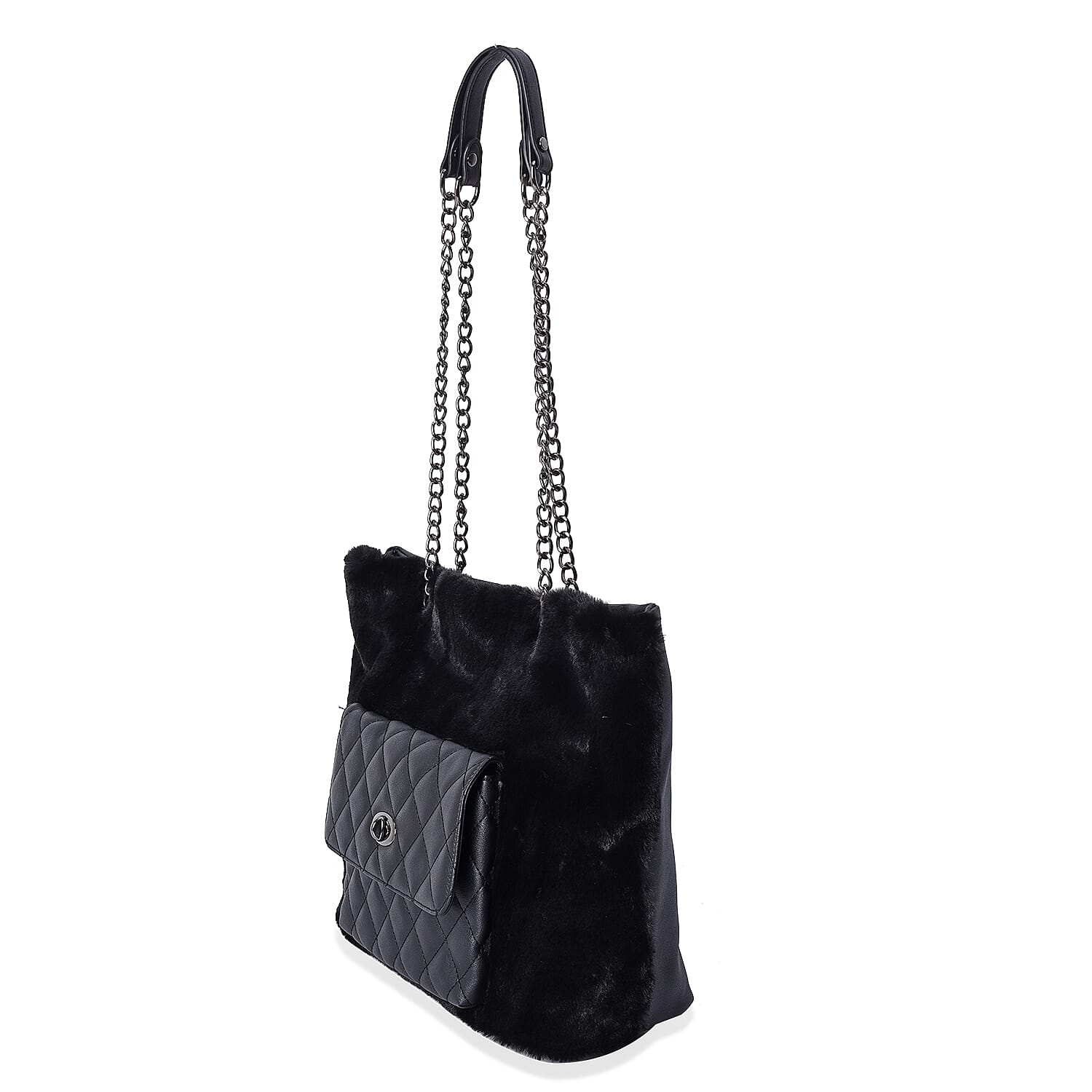 Faux Fur Tote Bag with Front Quilted Pattern Pocket and Zipper Closure (Size 33x27.5x12 Cm) - Black