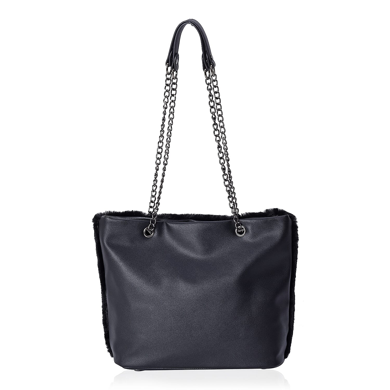 Faux Fur Tote Bag with Front Quilted Pattern Pocket and Zipper Closure (Size 33x27.5x12 Cm) - Black