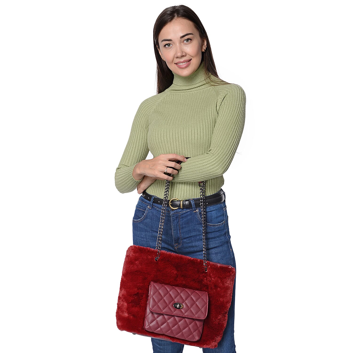 Red Patchwork Jacquard Faux Leather Tote Bag For Women With Zipper Closure And Inner Pockets main image 0