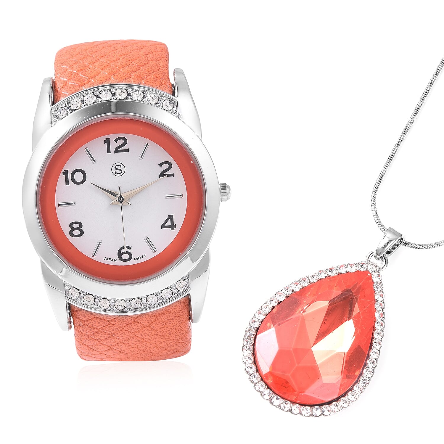 2 Piece Set - STRADA Japanese Movement Water Resistant Bangle Watch (6-7) with Simulated Fire Opal and White Austrian Crystal Pendant With Chain (Size 24 with 2.5 inch Extender) in Silver Plated