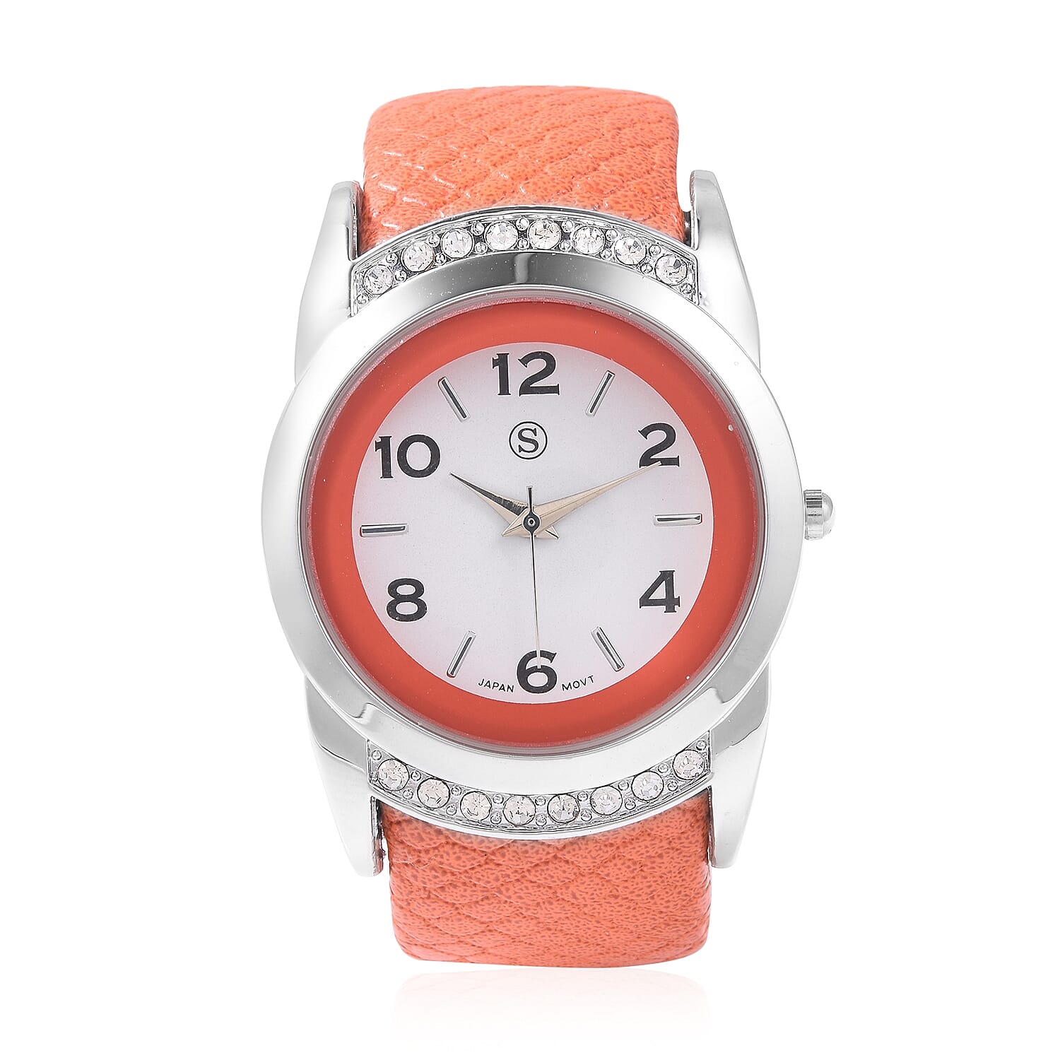 2 Piece Set - STRADA Japanese Movement Water Resistant Bangle Watch (6-7) with Simulated Fire Opal and White Austrian Crystal Pendant With Chain (Size 24 with 2.5 inch Extender) in Silver Plated