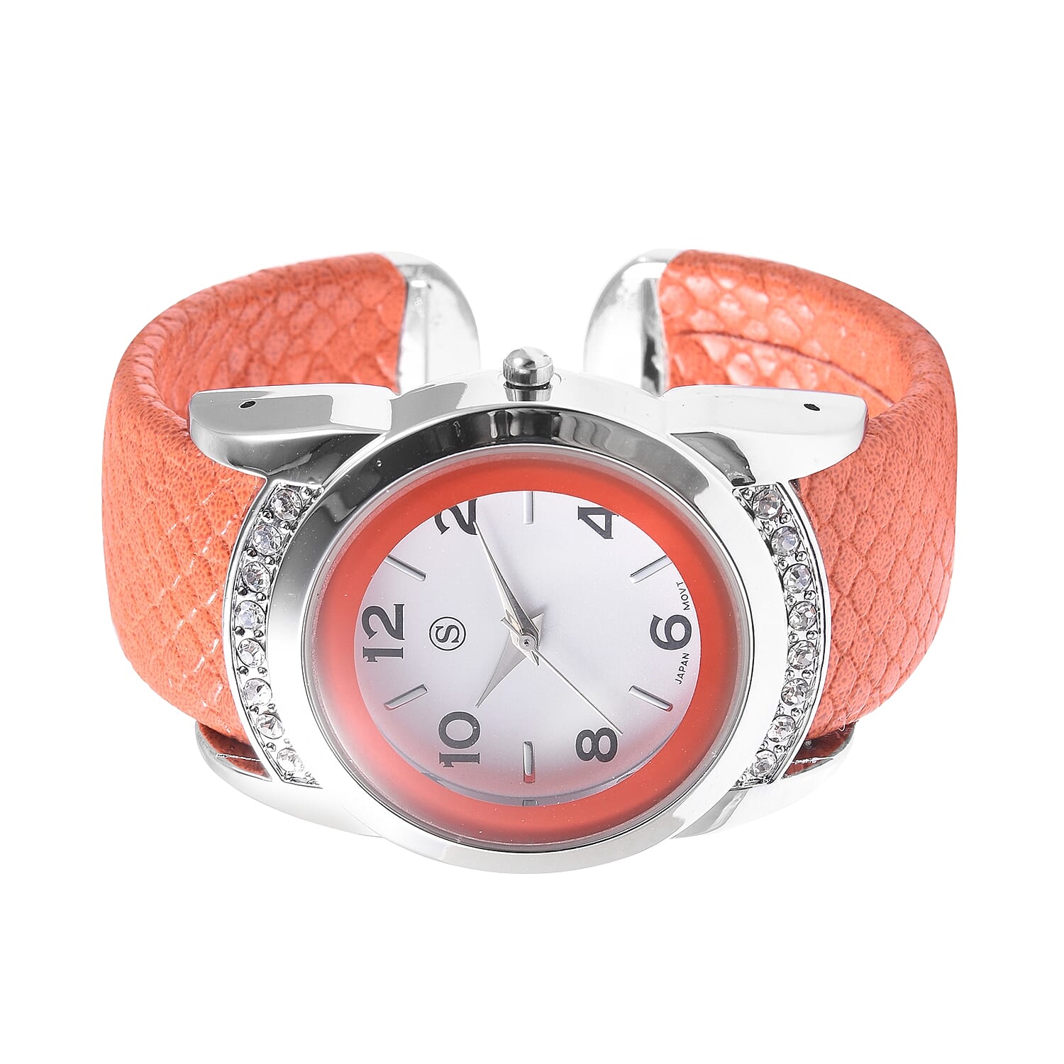 2 Piece Set - STRADA Japanese Movement Water Resistant Bangle Watch (6-7) with Simulated Fire Opal and White Austrian Crystal Pendant With Chain (Size 24 with 2.5 inch Extender) in Silver Plated