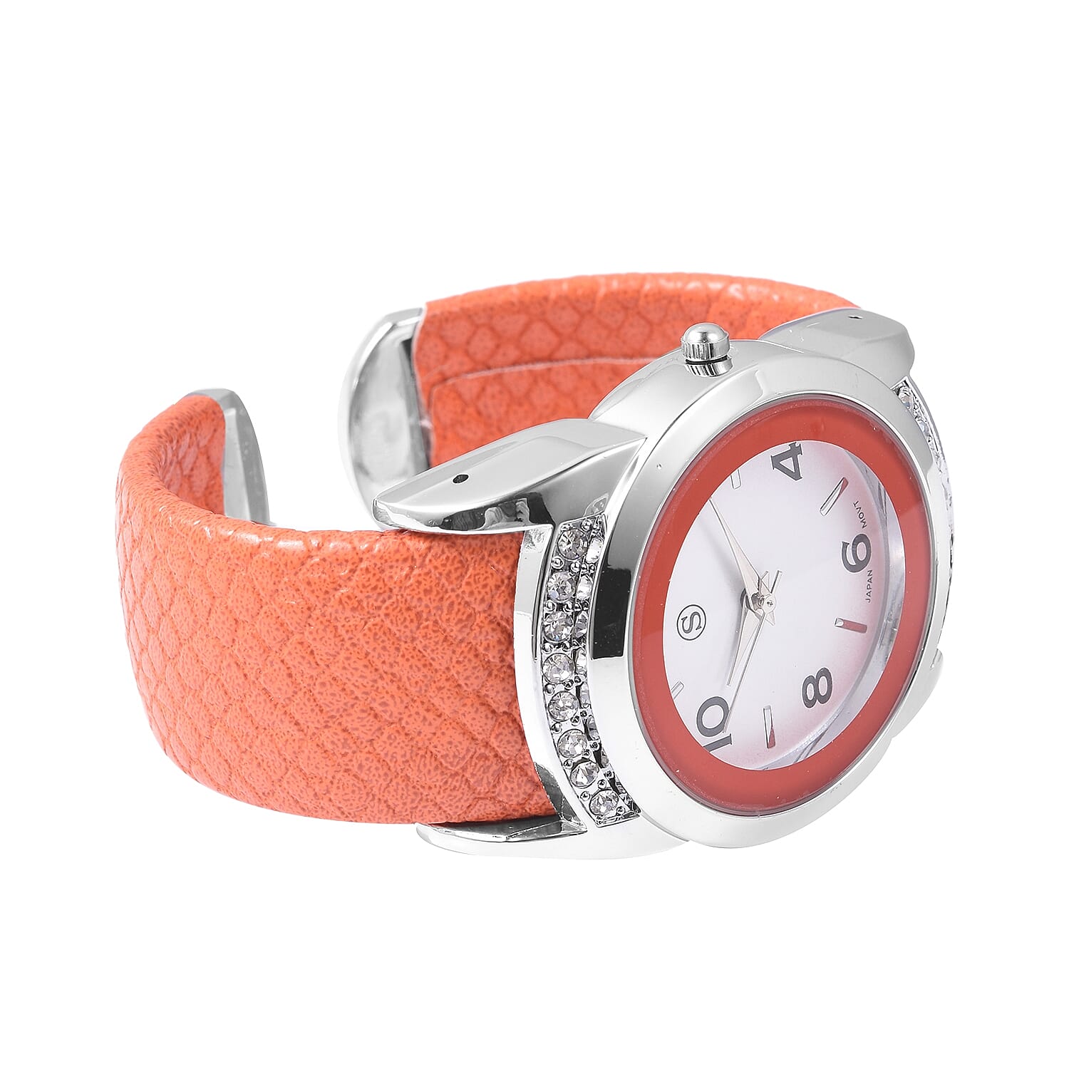 2 Piece Set - STRADA Japanese Movement Water Resistant Bangle Watch (6-7) with Simulated Fire Opal and White Austrian Crystal Pendant With Chain (Size 24 with 2.5 inch Extender) in Silver Plated