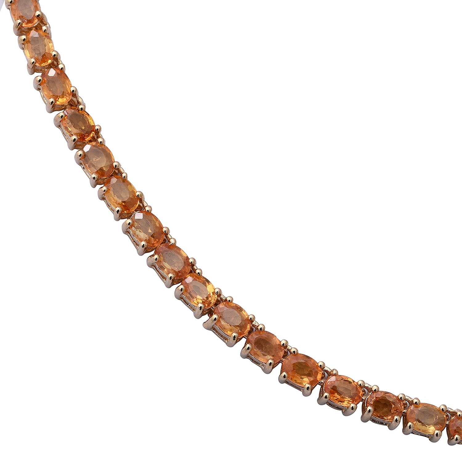 Orange Sapphire (Ovl) Tennis Necklace (Size 18) in Yellow Gold Overlay Sterling Silver 24.96 Ct, Silver wt 20.60 Gms, Number of Gemstone 104