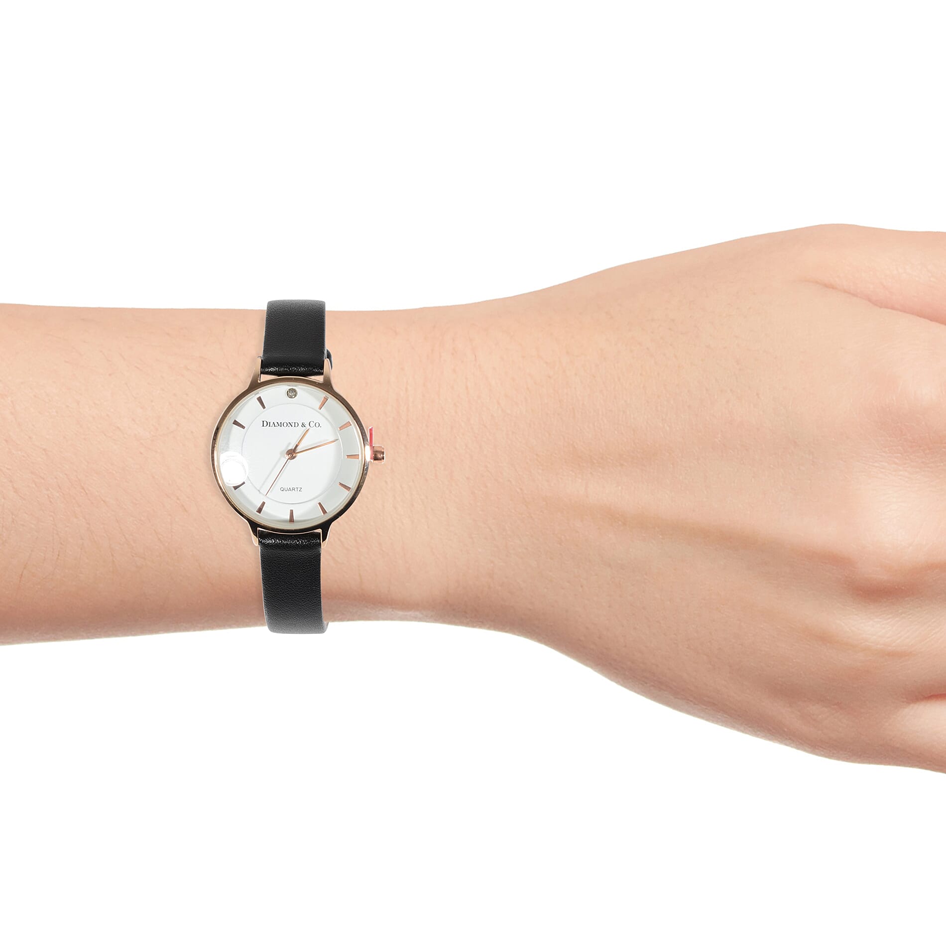 DIAMOND & CO LONDON- Diamond Studded Watch wth Genuine Leather Strap - Rose Gold Tone