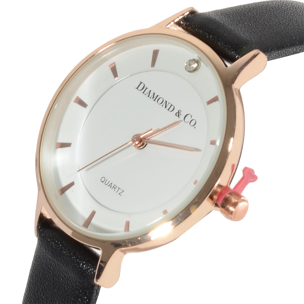 DIAMOND & CO LONDON- Diamond Studded Watch wth Genuine Leather Strap - Rose Gold Tone