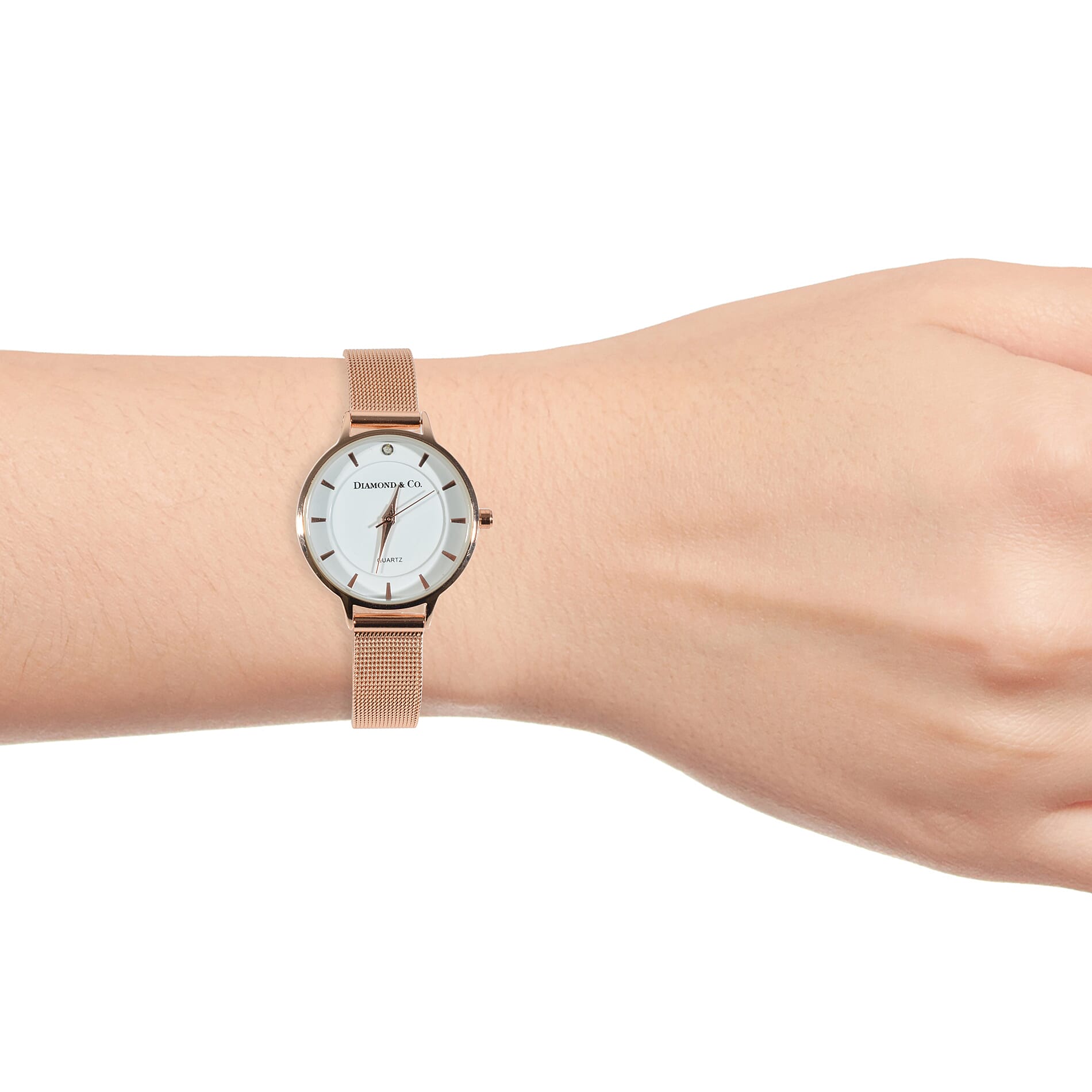 DIAMOND & CO LONDON- Diamond Studded Watch with Mesh Style Strap - Rose Gold Tone