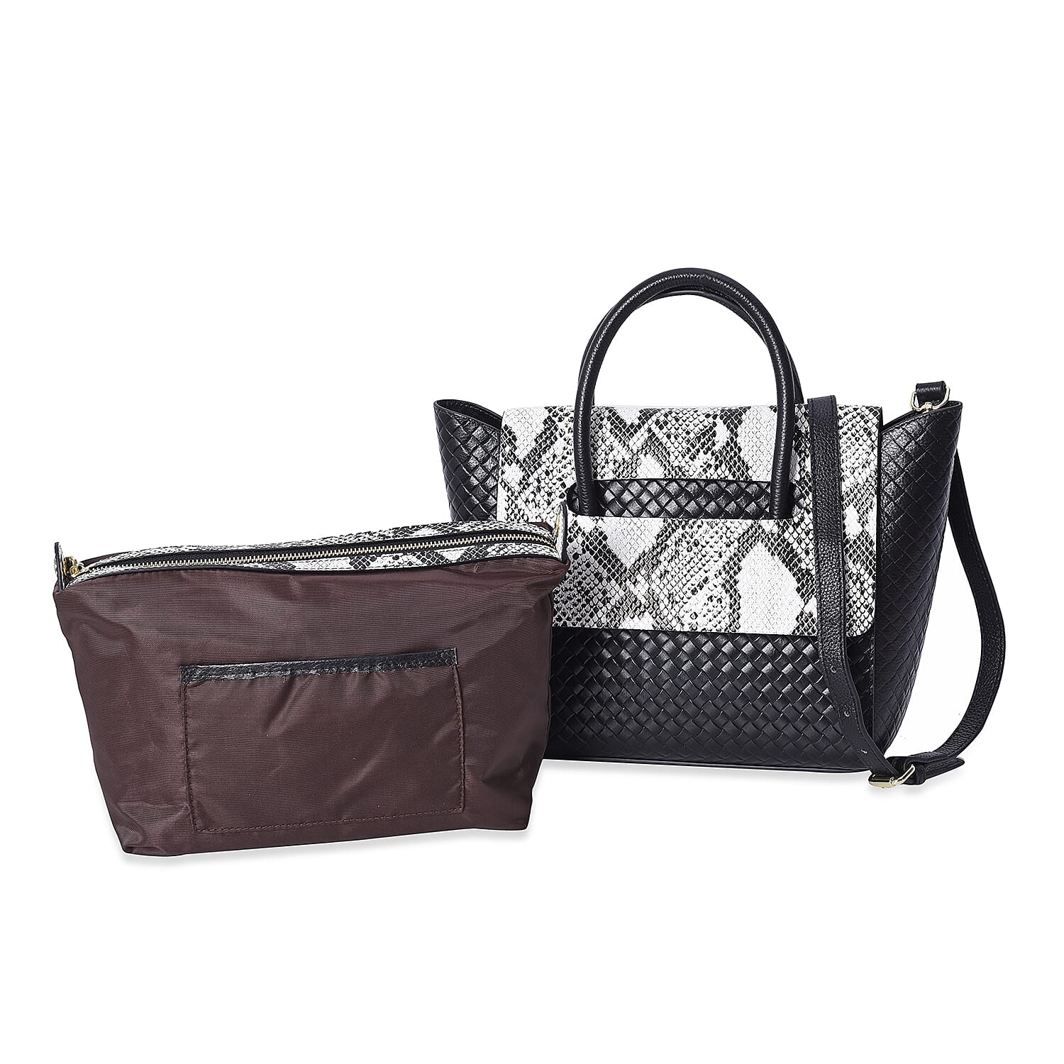 100% Genuine Leather Snake Pattern Woven Tote Bag  (Size 26x13x27 Cm) - Black and White